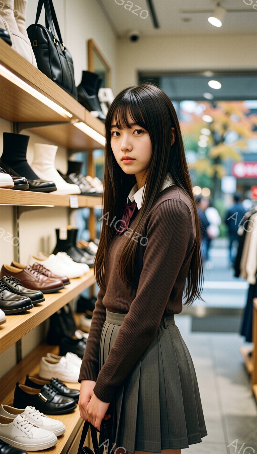 画像には、茶色のセーターとチェック柄のスカートを着用した若い女性が写っています。彼女は長い黒髪で、少し憂いを帯びた表情をしています。背景には靴が並んだ棚があり、お店の中の様子であることがわかります。