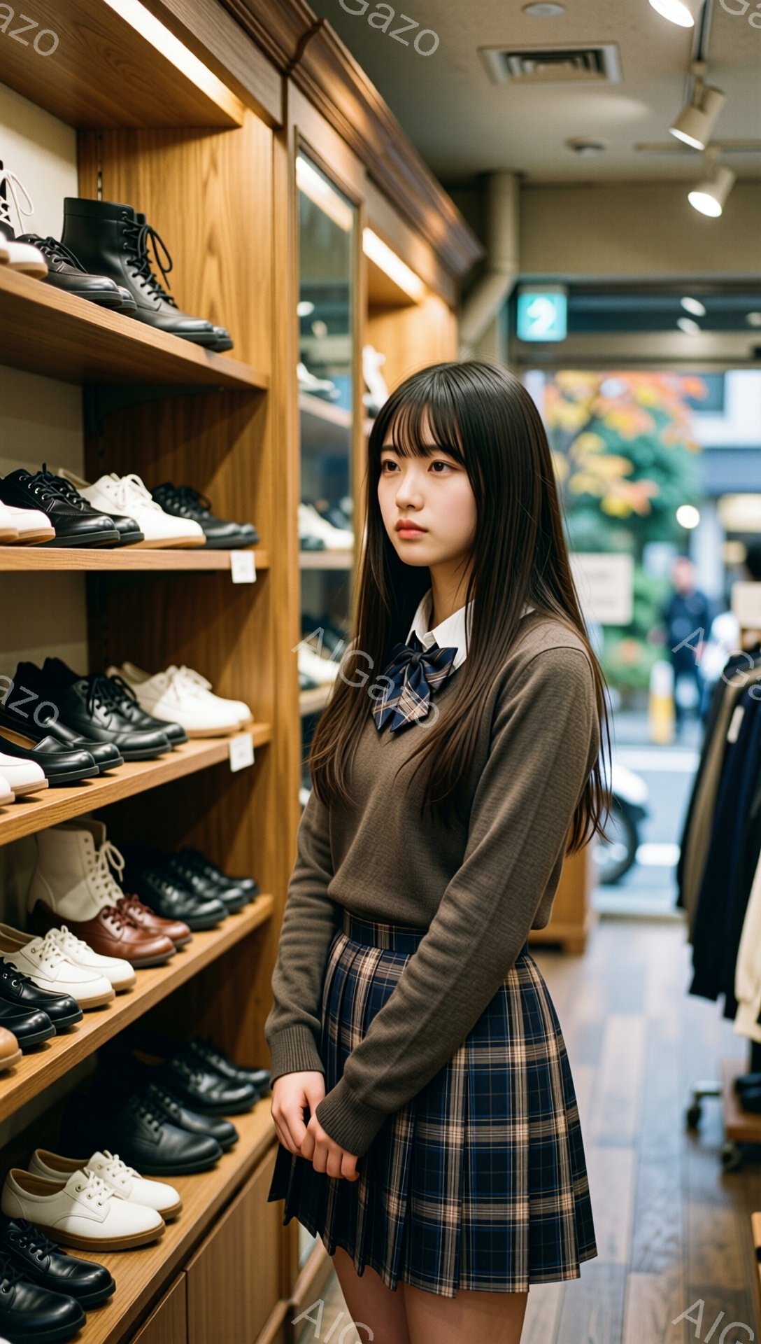 画像には、制服を着た若い女性が写っています。彼女は茶色のカーディガン、白いシャツ、チェック柄のプリーツスカートを着用し、長い黒髪をなでつけています。背景には靴が並んだ棚があり、店舗内であることがわかります。