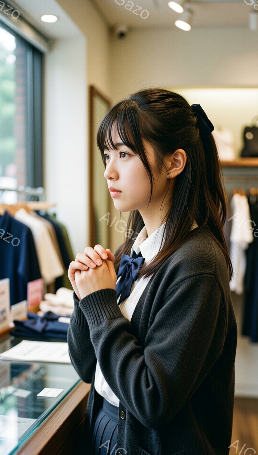 茶髪の女性が、白いシャツに紺色のリボン、グレーのカーディガン、プリーツスカートという制服姿で立っている。彼女は両手を重ねて軽く握り締め、少し遠くを見つめている表情はどこか物憂げだ。背景には洋服が並んだ店内の様子が見え、落ち着いた雰囲気の中で彼女が佇んでいる。