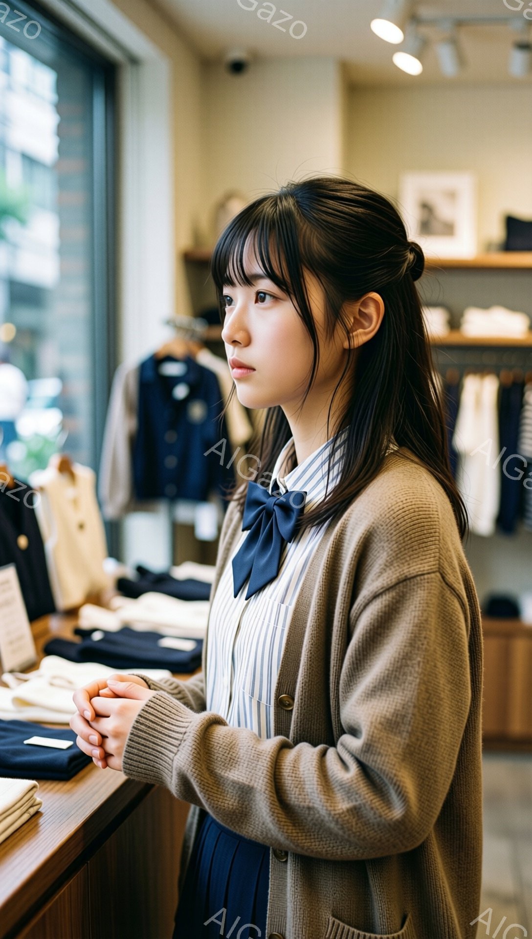 画像には、茶色のカーディガンを着て、ストライプのシャツと紺色のスカートを合わせた若い女性が写っています。彼女は少し前を向き、穏やかな表情で、両手を前に重ねています。背景には、衣服が並んだ店舗の様子が見え、暖色系の照明が柔らかい雰囲気を醸し出しています。