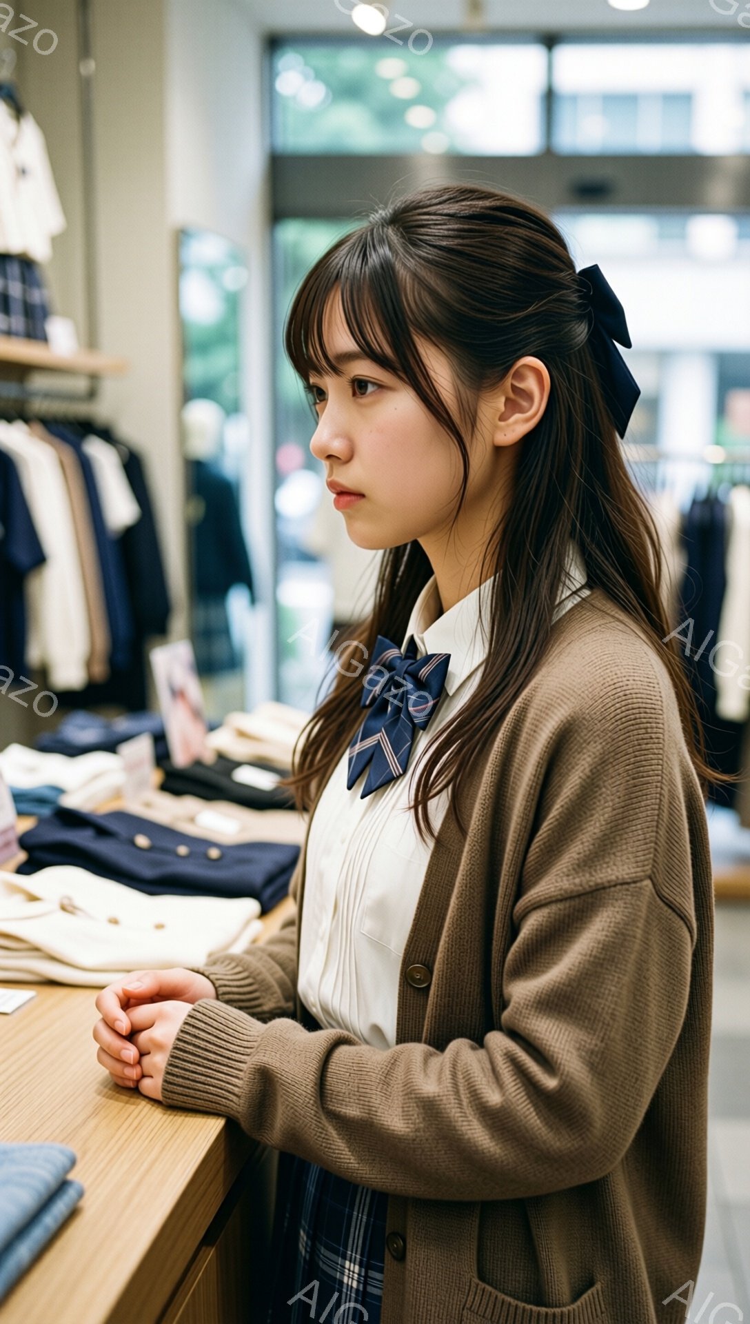 画像には、茶色のカーディガン、白いシャツ、チェック柄のスカートを着た若い女性が写っています。彼女は少し前を見つめ、両手を前に組んで立っており、表情は穏やかです。背景には、洋服が並んだ店舗内部が見え、明 - AI生成フリー素材