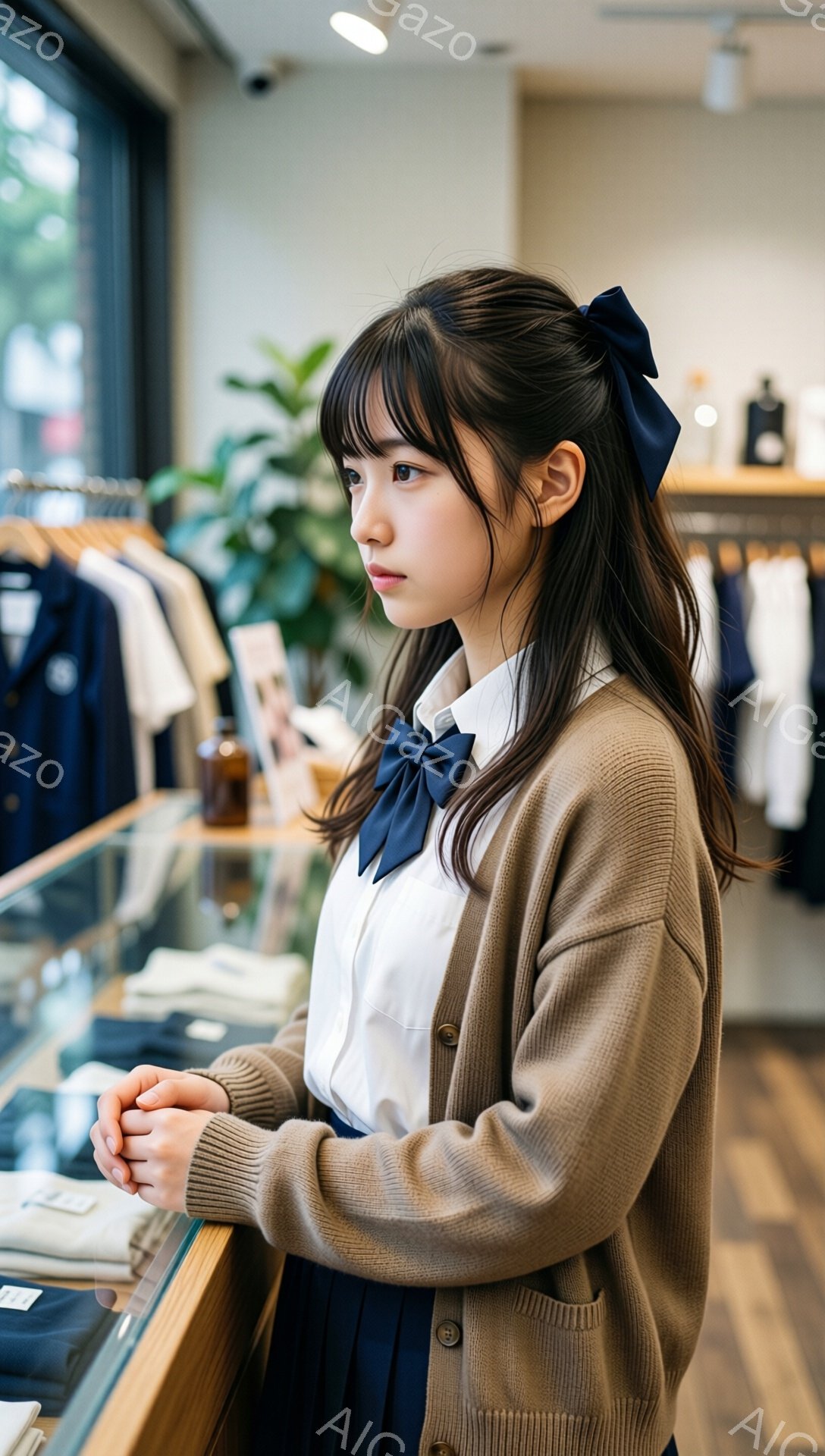 画像には、茶色のカーディガン、白いシャツ、紺色のスカートを着た若い女性が写っています。彼女は前にかがみ、何かを見ているようで、少し憂いのある表情をしています。背景には洋服が並んだ棚と、緑の植物が見え、お店の中の様子であることがわかります。