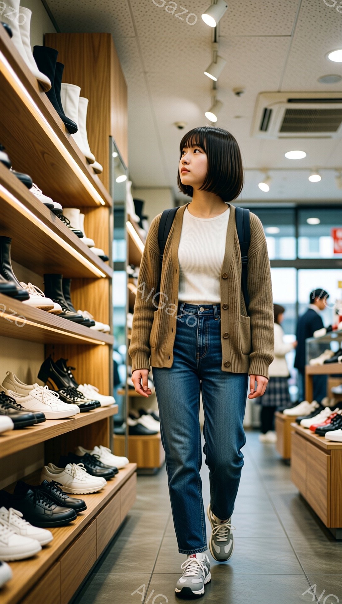 画像には、薄茶色のカーディガンを羽織り、白いインナーと濃いめのデニムパンツを着用した若い女性が写っています。彼女は軽く前を見つめ、少し上目遣いをしています。背景には靴が並んだ棚があり、室内でショッピングをしている様子が伺えます。