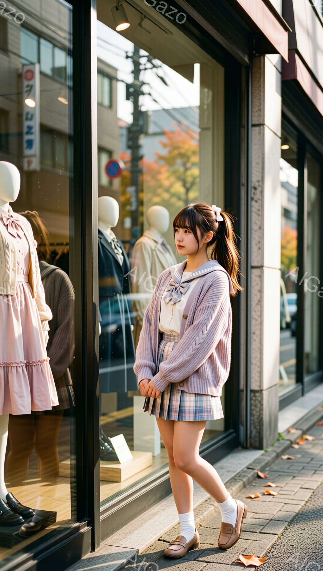 紫色のカーディガンとチェック柄のプリーツスカートを着用した若い女性が写っている。彼女は白いソックスとローファーを履き、髪をポニーテールに結んでいる。背景にはショーウィンドウがあり、マネキンが展示され、落ち葉が散らばる歩道と建物の壁が見える、秋らしい穏やかな雰囲気の写真である。