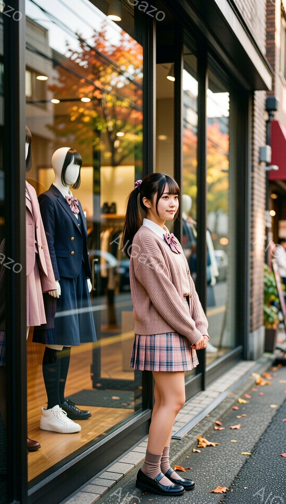茶色のセーターとチェック柄のスカートを身につけた若い女性が、ショーウィンドウの前で立っている。彼女は髪をポニーテールにし、少し微笑んでおり、ピンク色のリボンが可愛らしい印象を与えている。背景には、マネキンが展示された店と、秋の葉が散る歩道が見え、落ち着いた雰囲気の街並みが広がっている。