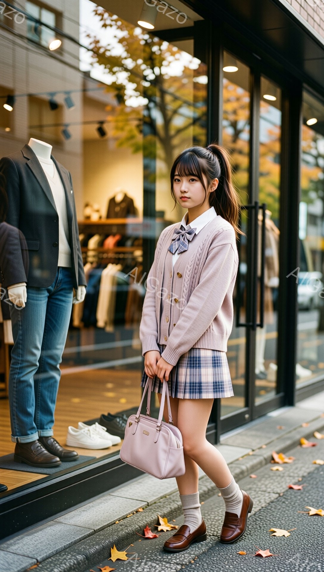 若い女性が、茶色のカーディガン、チェック柄のスカート、白いソックス、茶色のローファーを身に着けて立っています。彼女は長い髪をポニーテールにし、少し微笑んでいます。背景には、ショーウィンドウと展示された服が見え、地面には落ち葉が散らばっており、秋の穏やかな雰囲気を醸し出しています。