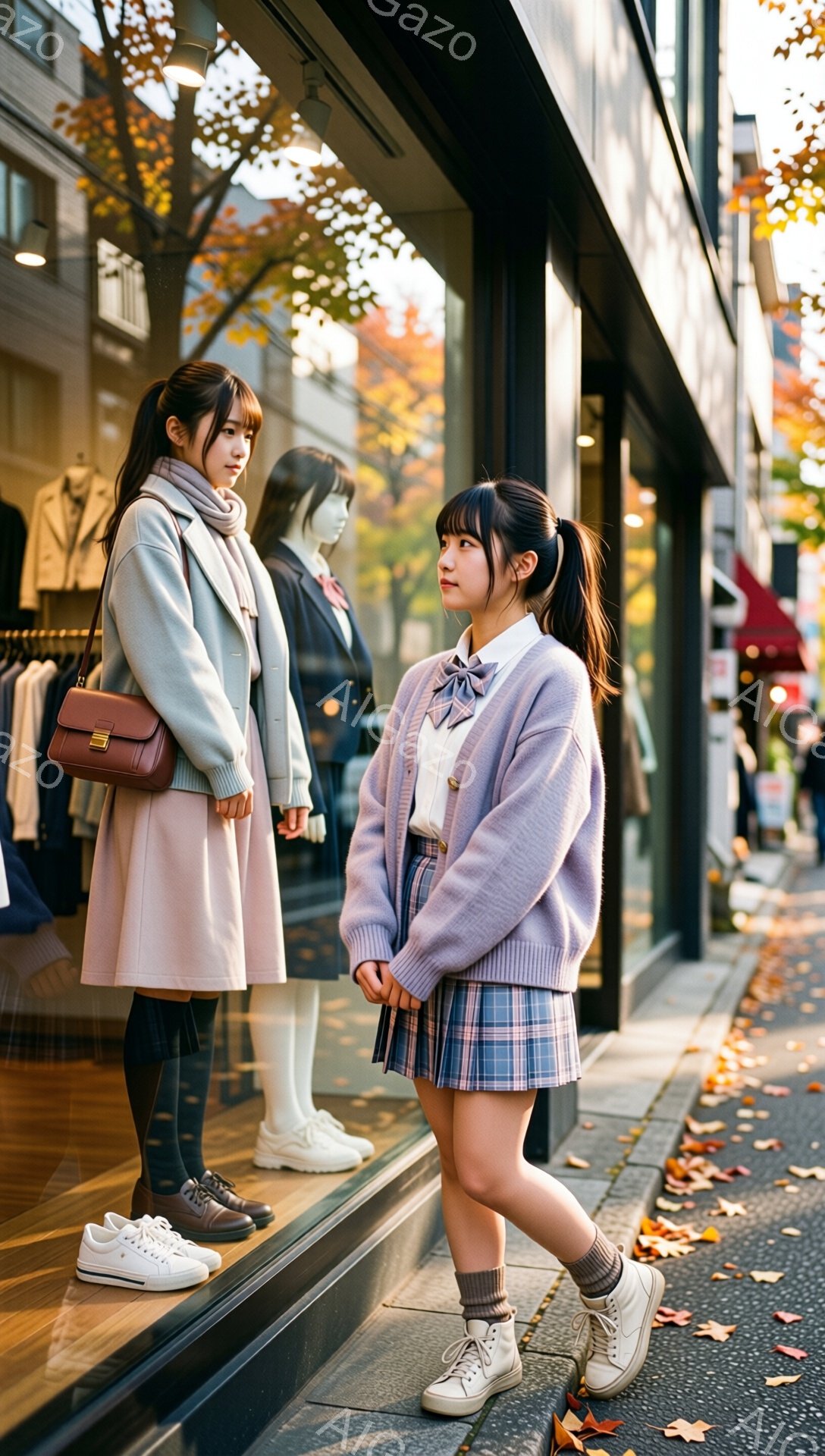 若い女性がショーウィンドウの前に立っており、ピンクとグレーのコートとスカート、白いスニーカーを履いています。彼女は肩に赤いハンドバッグをかけ、少し物憂げな表情で横を見つめています。背景にはお店のショーウィンドウと、秋らしい紅葉の木々が並び、落ち着いた雰囲気の街並みが広がっています。