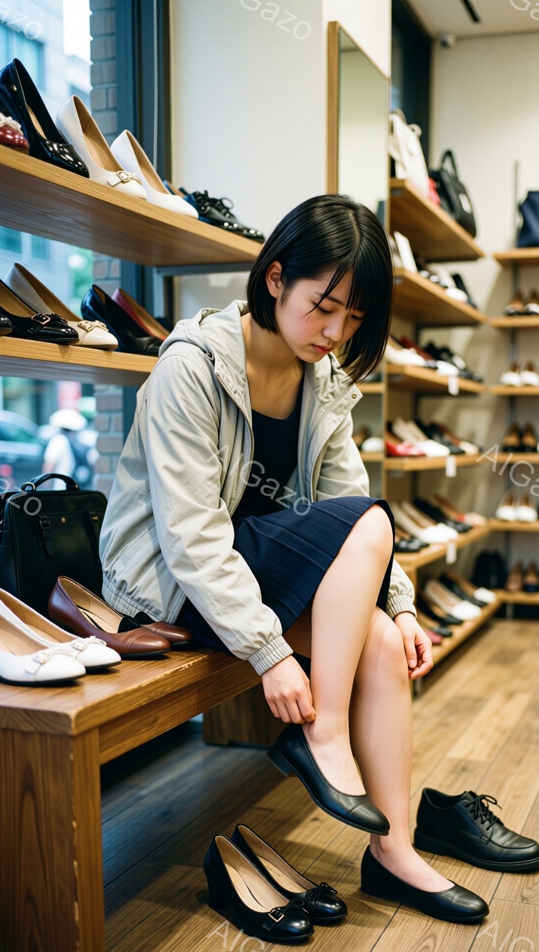 ショートヘアの女性が靴を履こうとして座っている。彼女は黒いスカートとシンプルなトップスに、薄いグレーのジャケットを羽織っている。背景には様々な靴が並べられた棚があり、明るい木製の床と自然光が差し込む店内の様子がうかがえる。