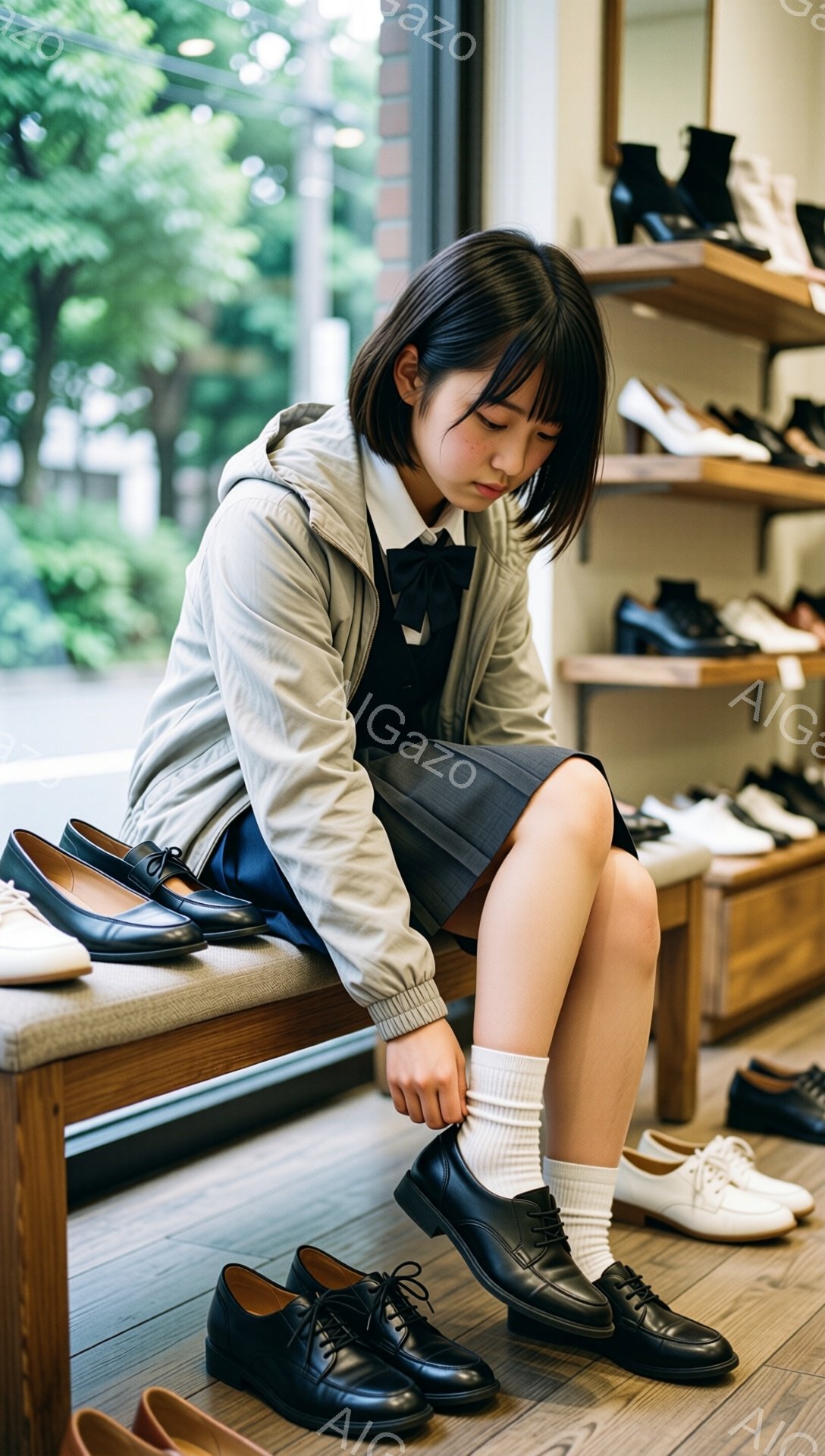 画像には、制服を着た若い女性が靴を履こうとしている姿が写っています。彼女は短い黒髪で、ややうつむき加減で靴紐を締めています。背景には靴が並んだ棚があり、店内は木目調で落ち着いた雰囲気です。