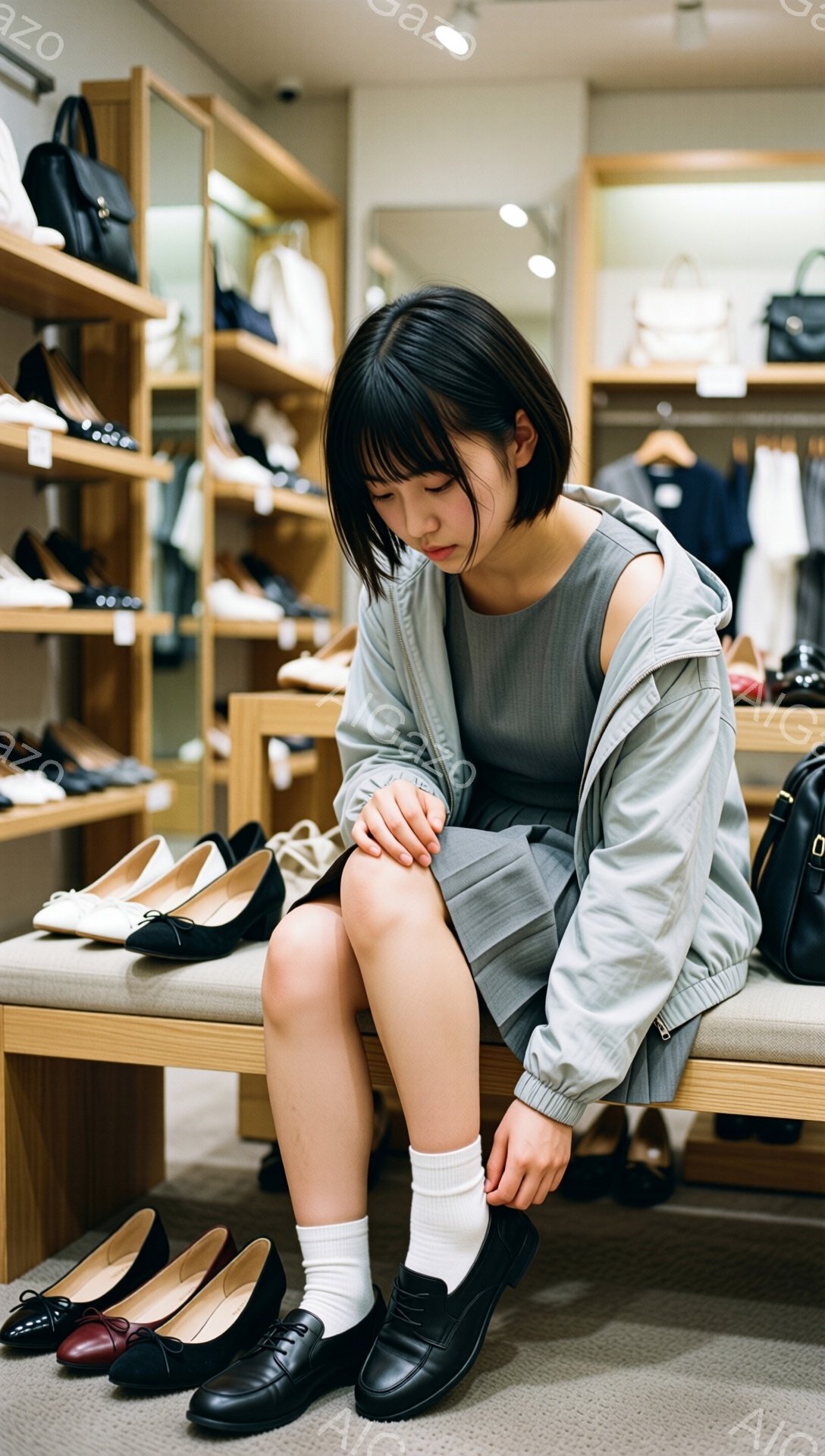 若い女性が靴を履こうとして座っている写真です。彼女はグレーのパーカーとスカートを身に着け、前髪を伸ばしたダークブラウンのショートヘアです。背景には靴が並んだ棚があり、店内は明るく清潔な印象です。