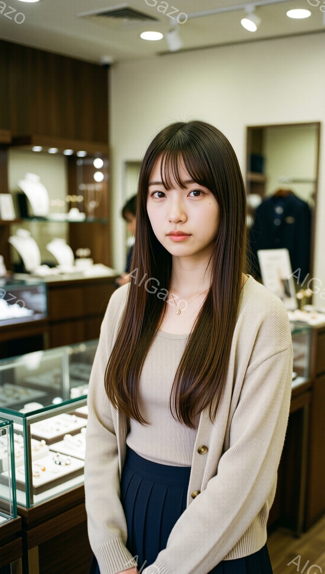 長い茶髪の女性が、ベージュのカーディガンとタンクトップ、ネイビーのスカートを身に着けて立っています。彼女は落ち着いた表情で、わずかに微笑んでいます。背景には宝石店のショーケースが見え、店内は明るく清潔な雰囲気です。