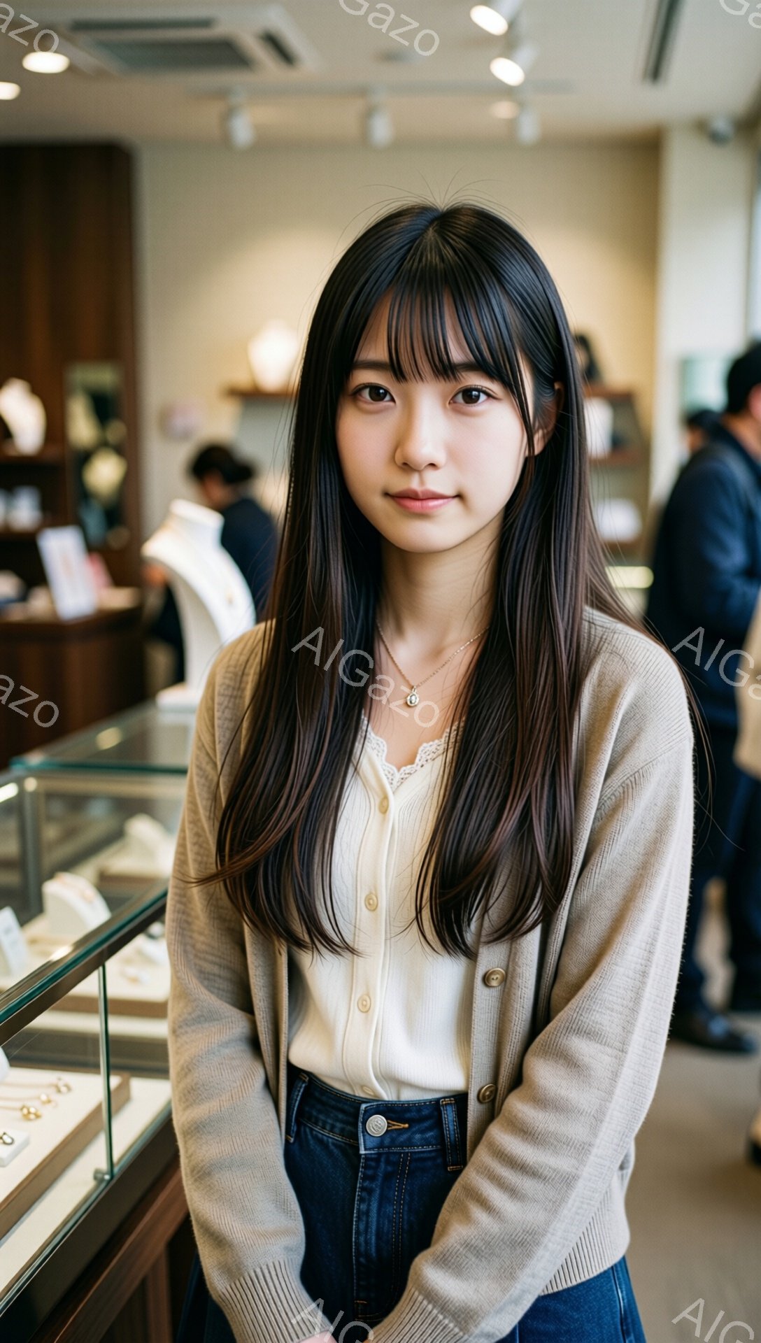 長い黒髪で前髪が少し眉毛にかかる女性が写っている。ベージュのカーディガンと白いレースのブラウス、濃い色のジーンズを着用し、さりげなくネックレスをしている。背景にはジュエリーショップのショーケースが見え、明るく上品な雰囲気が漂っている。