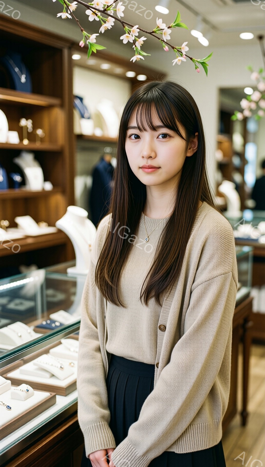 画像には、明るい茶色のカーディガンと黒いプリーツスカートを着た若い女性が写っています。彼女は長いダークブラウンの髪を持ち、前髪は目にかかるようにカットされています。背景は宝石店のショーケースで、様々なジュエリーが展示されています。