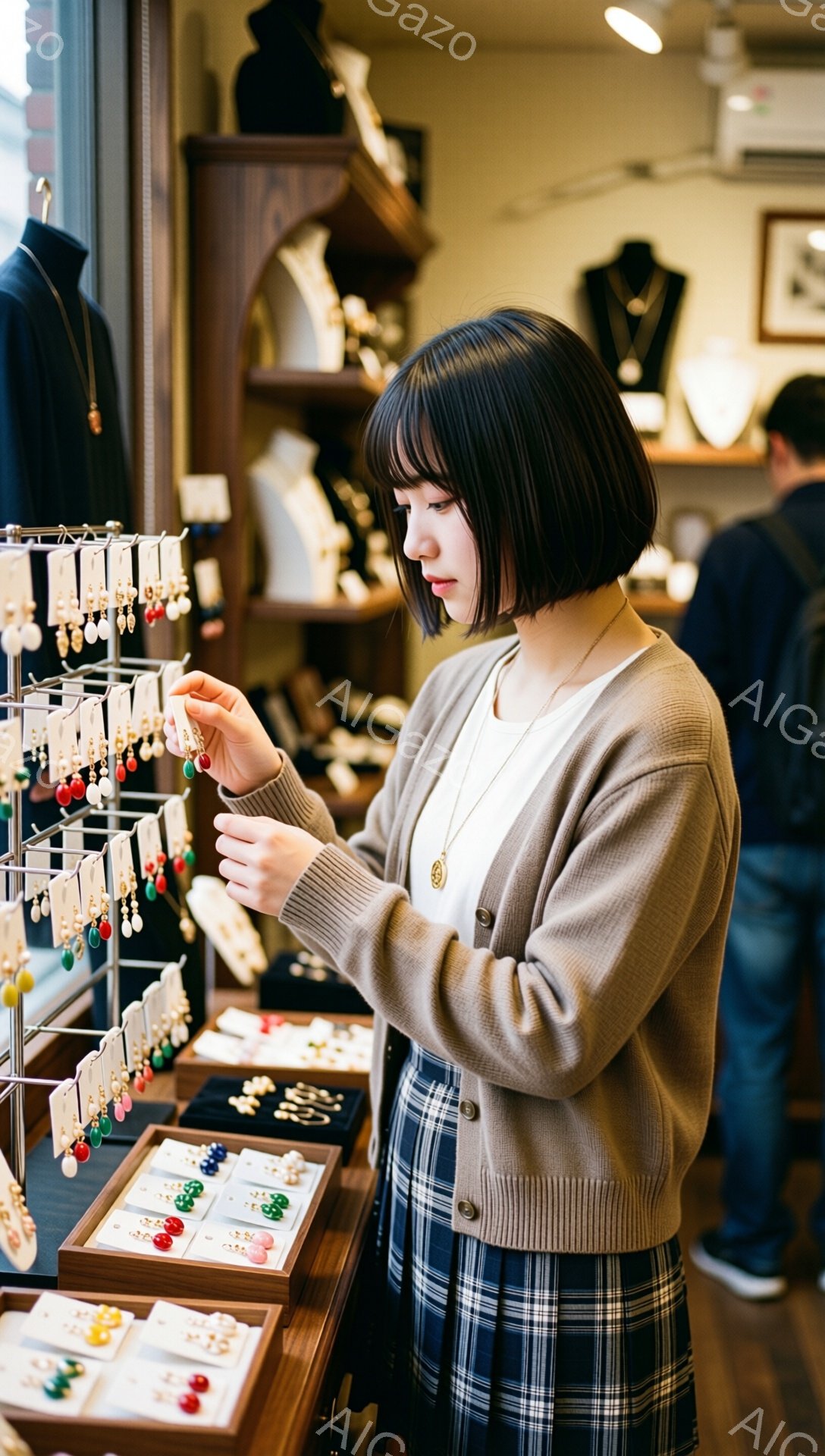若い女性がアクセサリーのショーケースを覗き込んでいます。彼女はベージュのカーディガンにチェック柄のスカートを合わせ、黒髪のショートボブヘアをしています。ショーケースには様々なデザインのイヤリングが並び、店内は落ち着いた雰囲気で、他の買い物客もわずかに見えます。