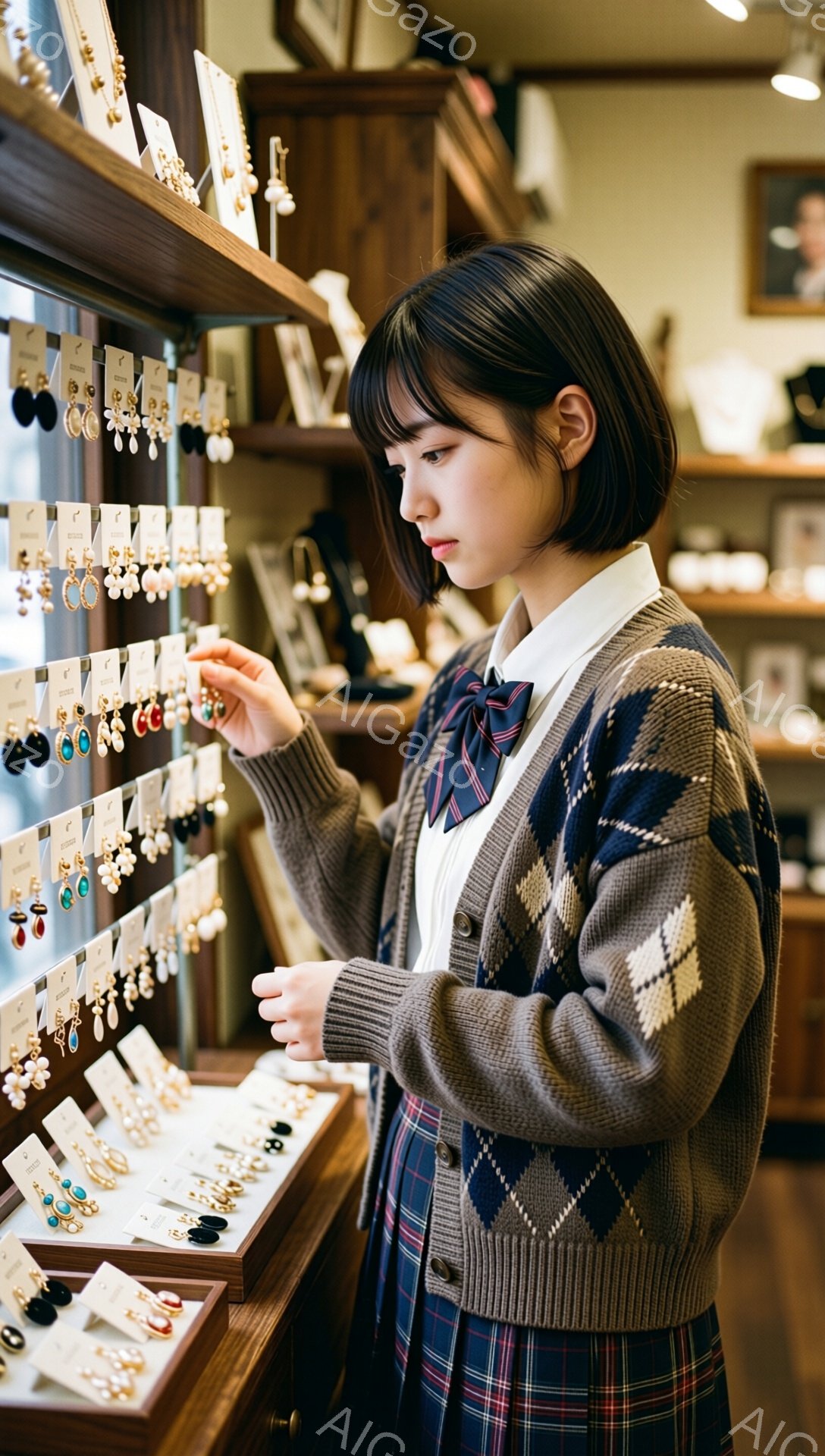 若い女性がアクセサリーのショーケースを覗き込んでいます。彼女はチェック柄のスカートと白いシャツ、そして菱形模様のカーディガンを着ており、ダークトーンの髪を肩まで伸ばしたヘアスタイルです。背景には、様々なアクセサリーが並べられた木製の棚と、ぼやけた壁の装飾が見え、温かみのある店内の雰囲気が漂っています。