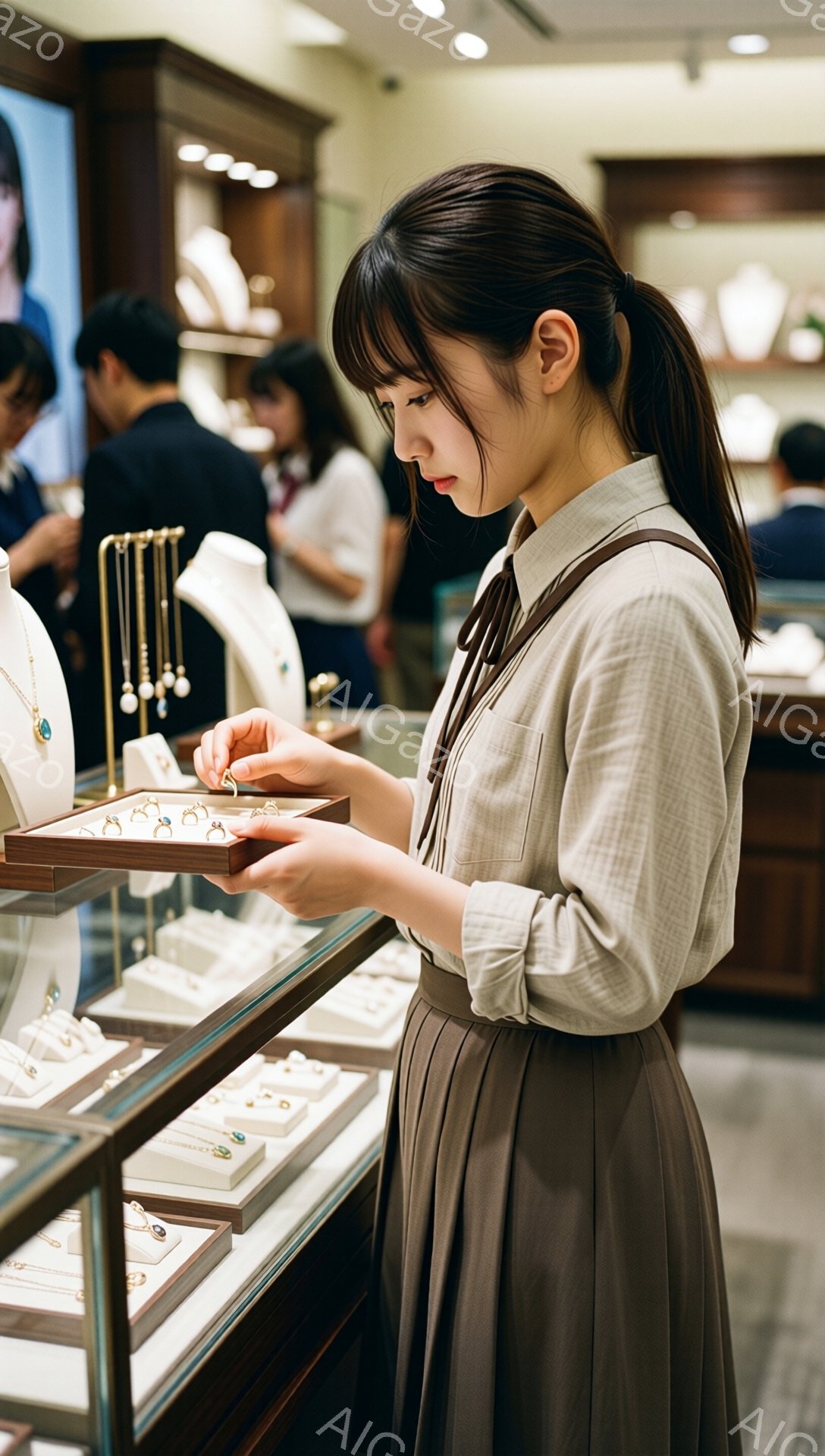 画像には、宝石店でジュエリーを眺める女性が写っています。彼女はベージュの長袖ブラウスに茶色のスカートを着用し、髪をポニーテールにまとめています。真剣な表情で、展示ケースに並んだ指輪を手に取り、吟味している様子が伺えます。
