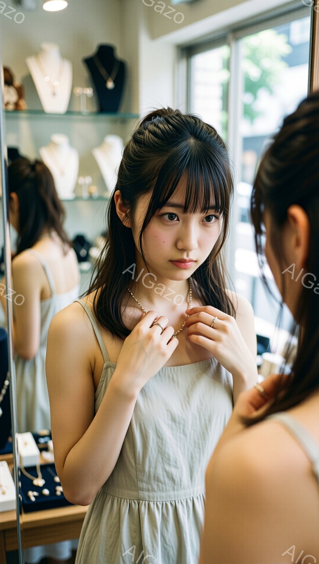 若い女性が鏡の前でネックレスを調整している様子が写っている。ベージュ色のキャミソールワンピースを着ており、肩までの長さの黒髪は軽くウェーブがかかっている。背景にはジュエリーが並んだショーケースが見え、店内は明るく落ち着いた雰囲気だ。