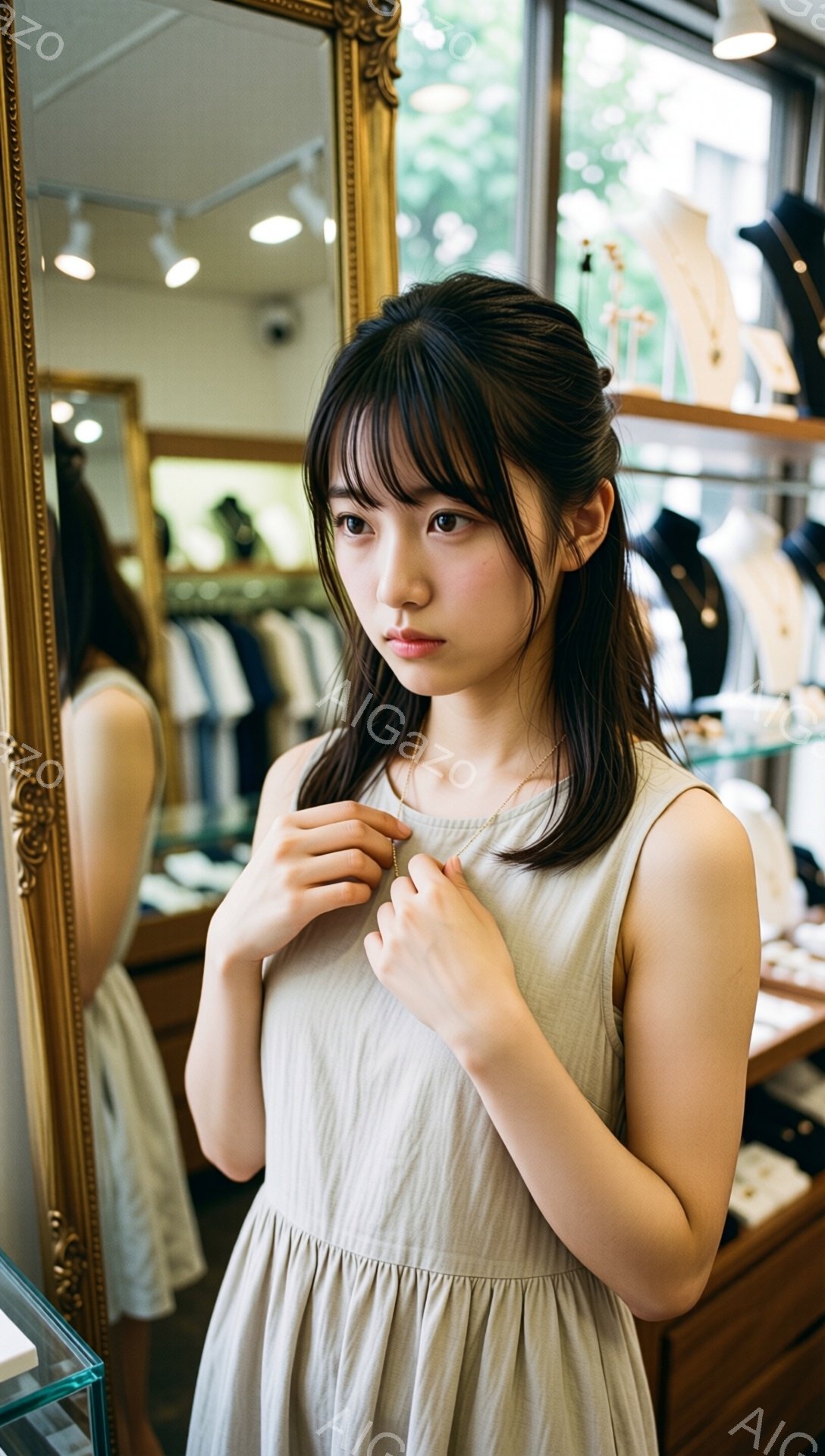 若い女性がベージュ色のノースリーブワンピースを着て、首に細い金のネックレスを付けている。彼女は少し眉間にしわを寄せ、物憂げな表情で、左手でネックレスのチェーンを軽くつまんでいる。背景にはジュエリーケースが並び、店内の明るい光が差し込んでいる様子から、ジュエリーショップで試着している場面だと推測できる。