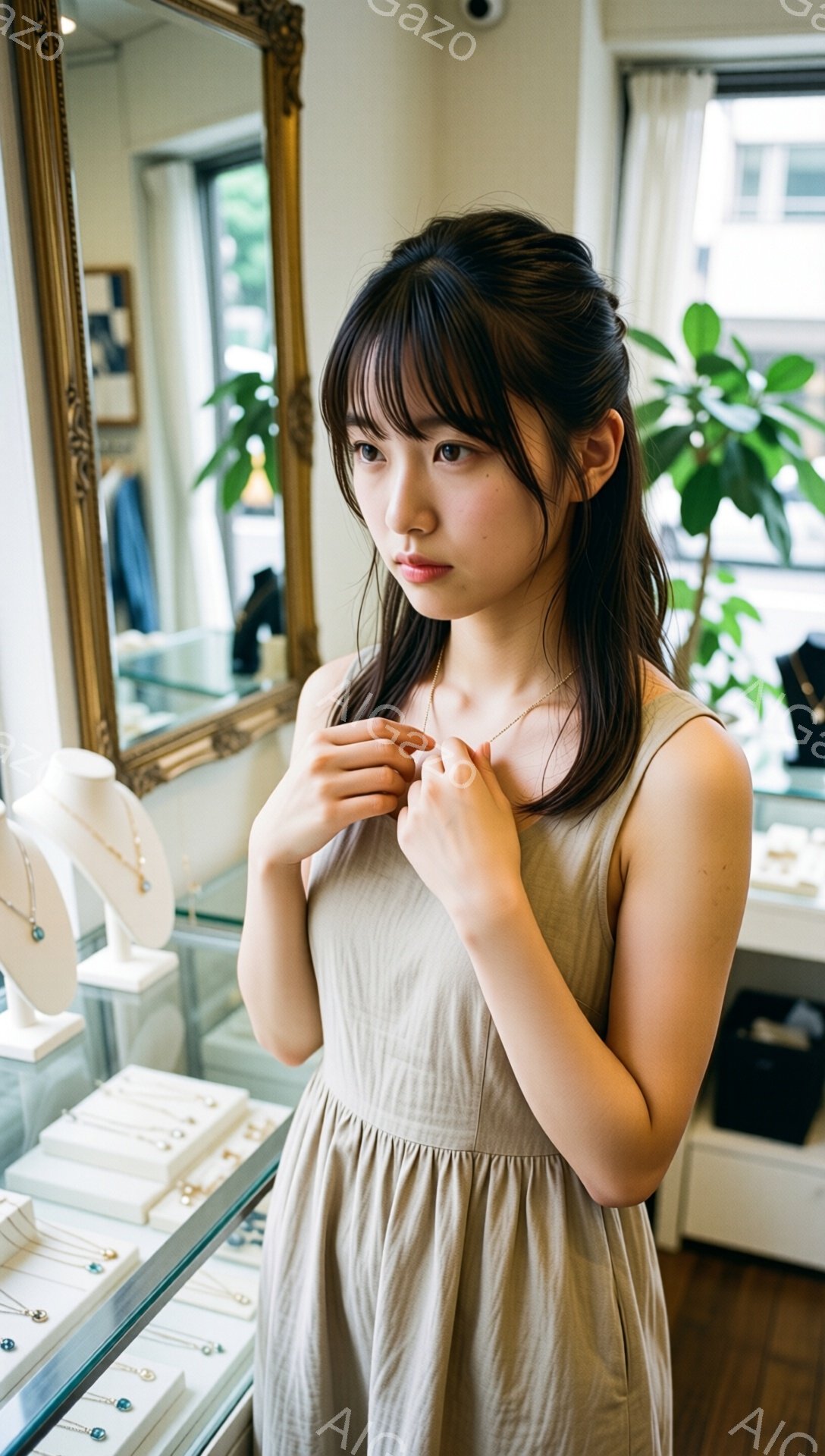 画像には、ベージュ色のノースリーブワンピースを着た若い女性が写っています。彼女は髪を肩まで伸ばし、前髪を少しだけ流しています。女性は何かを試しているように首元にネックレスを手に持っており、物思いにふけるような表情をしています。