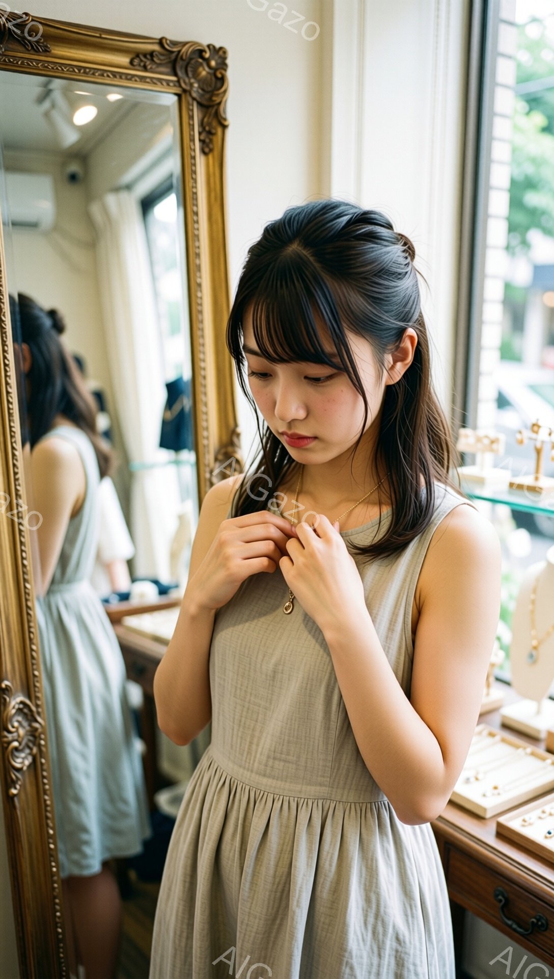 若い女性が鏡の前でネックレスを調整している。ベージュ色のノースリーブのワンピースを着ており、髪は肩まで伸びており、前髪が少しある。背景にはジュエリーが並んだショーケースと、窓から差し込む自然光が見え、全体的に柔らかく暖かい雰囲気である。