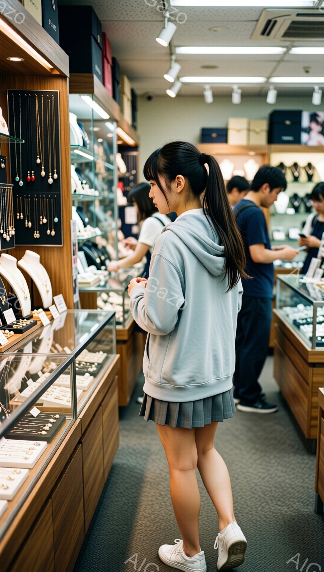 画像には、ショーケースを見ている若い女性が写っています。彼女は水色のパーカー、グレーのプリーツスカート、白いスニーカーを身に着け、髪は後ろでポニーテールに結ばれています。背景には、宝石店のような店内が広がり、ショーケースには様々なジュエリーが並んでいます。