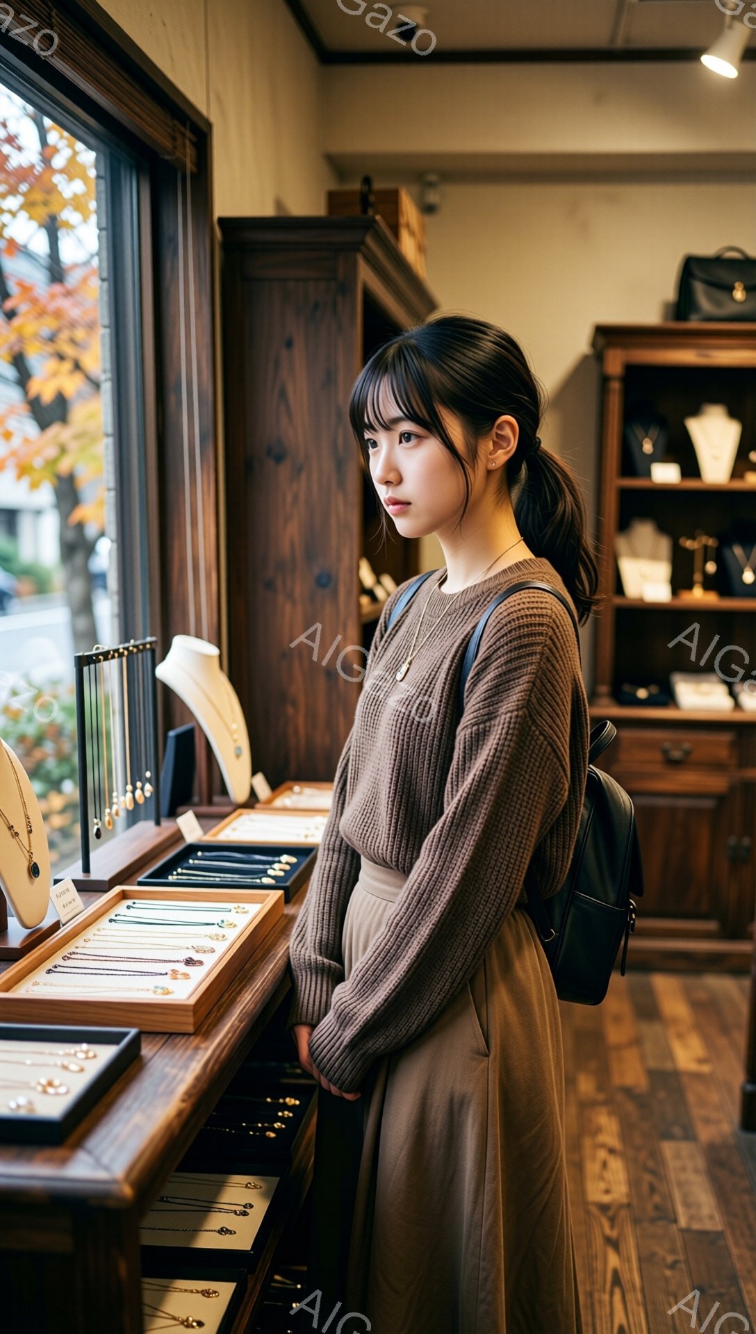長い前髪とゆるいウェーブのかかった髪をポニーテールにした若い女性が、宝石店のショーケースを見ている。ベージュのニットセーターと長めのスカートを着用し、黒いバックパックを背負っている。店内は木製の家具とショーケースで落ち着いた雰囲気で、窓の外には秋らしい風景が広がっている。