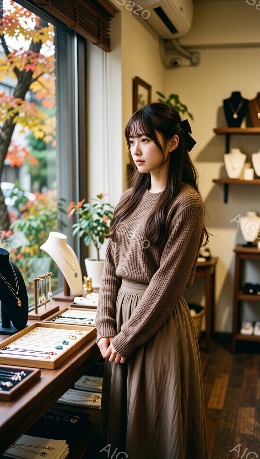 茶色のニットセーターとロングスカートを身に着けた女性が、ショーケースの前で少し横を向いて立っている。彼女は髪を肩まで伸ばし、前髪は眉毛にかかる程度で、リボンで軽く結んでいる。背景には、鮮やかな紅葉が見える窓と、宝石が並んだショーケース、そして壁に飾られた絵画がぼんやりと写っており、温かみのある落ち着いた雰囲気が漂っている。