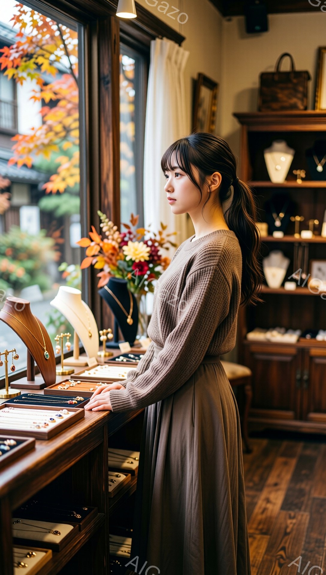 長い茶色の髪をポニーテールにした若い女性が、木製のショーケースの前に立っている。ベージュ色のセーターとロングスカートを身につけ、少し物憂げな表情で遠くを見つめている。背景には、紅葉した木々が見える窓と、木製の棚や装飾品が並んだ落ち着いた雰囲気の店内の様子が写っている。