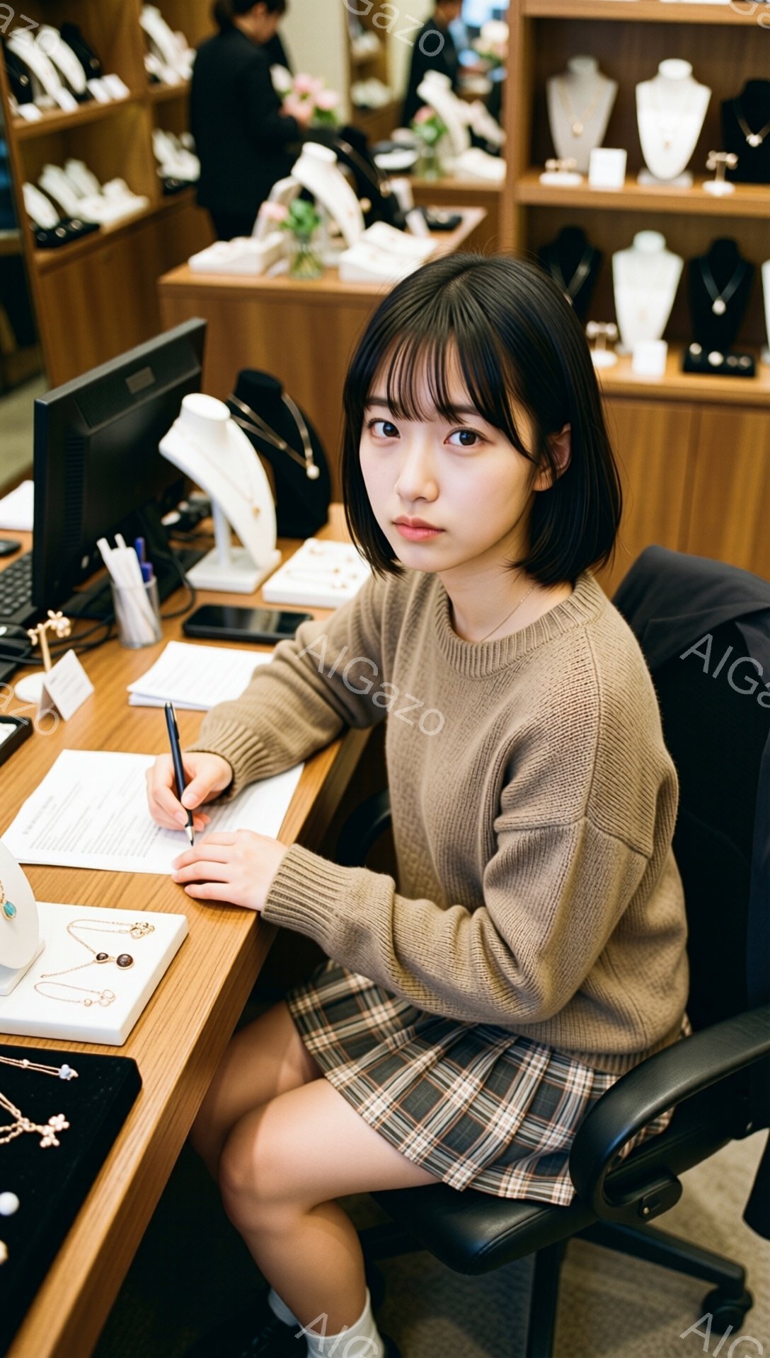 画像には、明るい茶色のセーターとチェック柄のプリーツスカートを身につけた若い女性が写っています。彼女は椅子に座り、書類にペンで何かを書き込んでおり、少し真剣な表情をしています。背景には宝石を展示したショーケースがあり、店内の一角であるような、落ち着いた雰囲気の室内です。