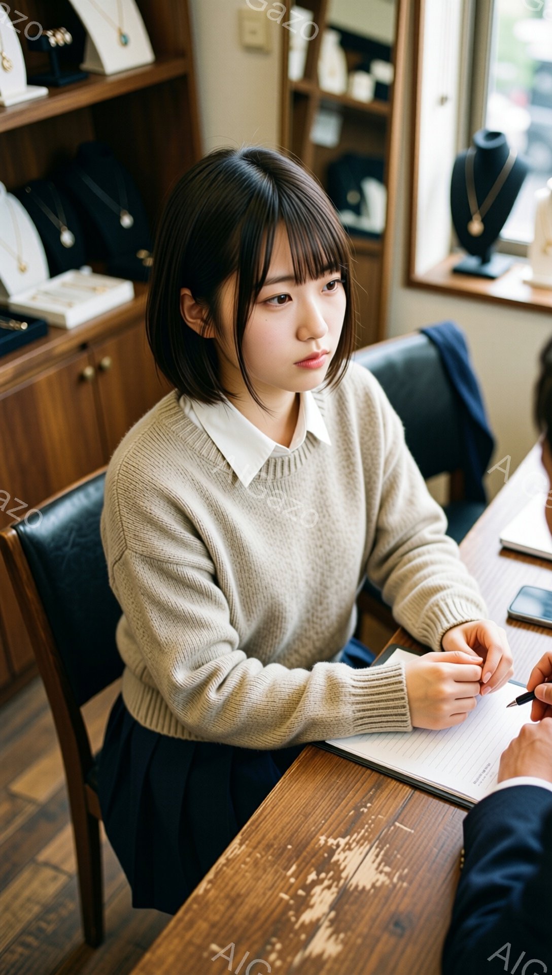 画像には、茶色の前髪が特徴的な若い女性が写っています。彼女はベージュ色のセーターに紺色のスカートを着用し、机に向かって何かを書いているようです。背景にはジュエリーが飾られた棚があり、落ち着いた雰囲気の室内で、彼女は少し考え込んでいるような表情をしています。