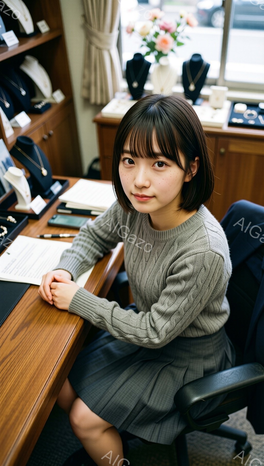 画像には、ベージュのケーブルニットセーターとグレーのスカートを着用した若い女性が写っています。彼女はオフィスか店舗のような場所で椅子に座り、テーブルに置かれた書類を見つめており、穏やかな微笑みを浮かべています。背景にはジュエリーが飾られたショーケースや、少し見える花瓶が置かれた棚が見え、室内は暖かく落ち着いた雰囲気です。