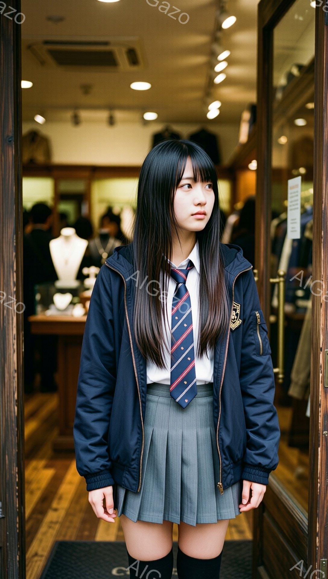 制服姿の若い女性が、紺色のジャケットとグレーのプリーツスカート、そしてネクタイを身につけて立っています。彼女は長いストレートヘアで、少し憂いを帯びた表情をしています。背景には、ショーウィンドウと店内の様子が見え、全体的に落ち着いた雰囲気です。