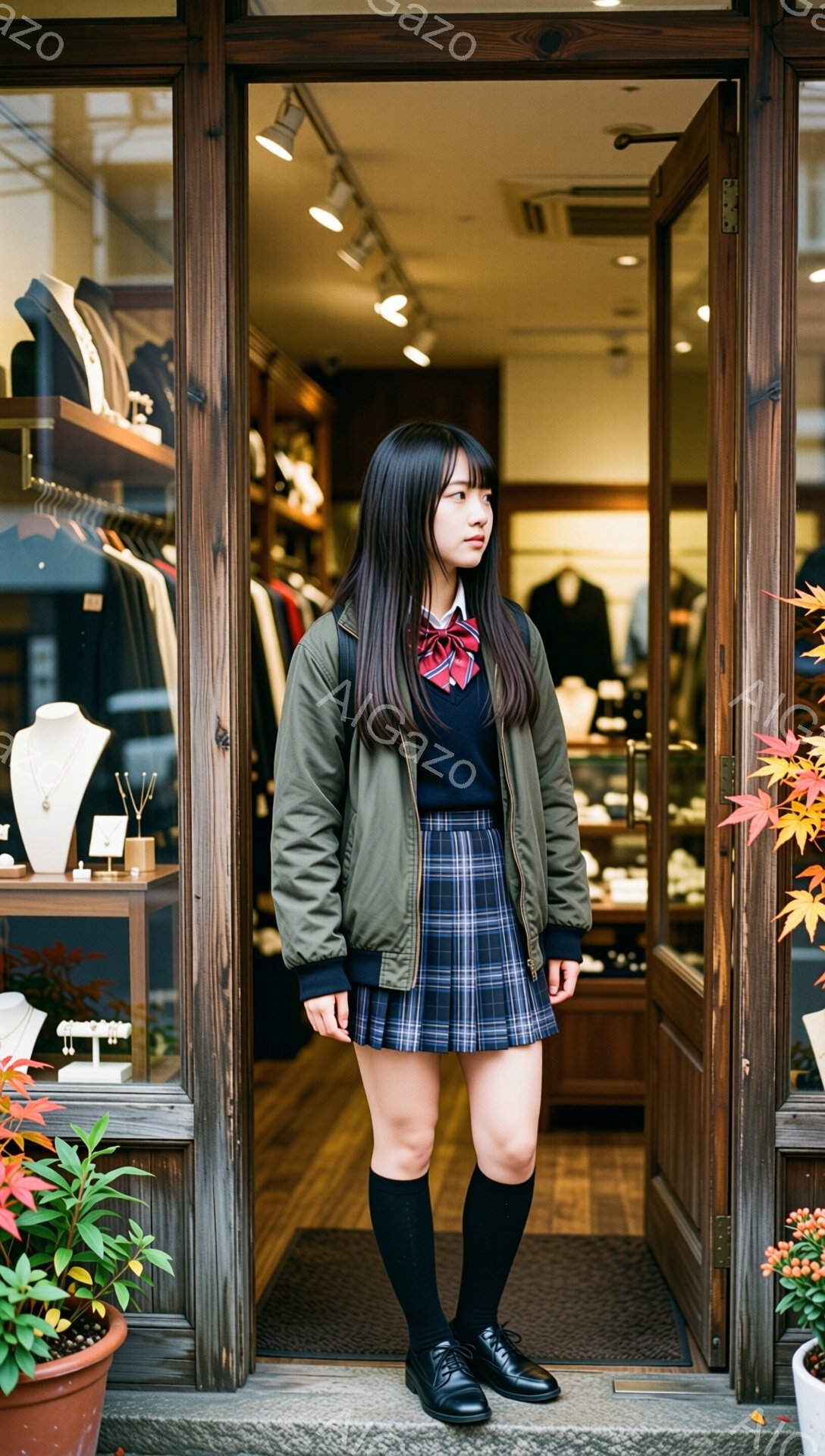 少女は、緑色のジャンパー、紺色のセーラー風のブラウス、チェック柄のプリーツスカート、黒いハイソックス、黒い革靴を身につけています。彼女は少し下を見つめ、落ち着いた表情をしています。背景には、ショーウィンドウと、様々な洋服が並んだ店内の様子が見え、少し秋らしい花が飾られています。