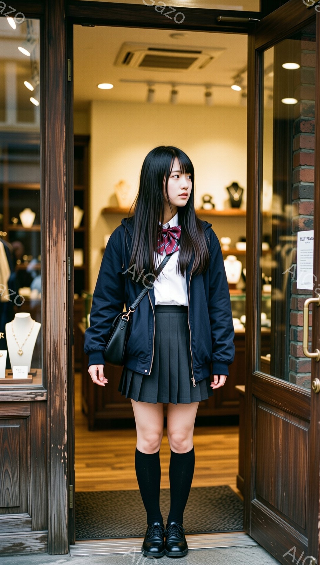 学生服姿の女性が、茶色の木製のドアの入り口に立っている。紺色のジャンパー、白いシャツにリボン、プリーツスカート、黒いソックスと靴を着用し、肩に黒いショルダーバッグをかけている。彼女はやや前方を見つめ、落ち着いた表情で、周囲の店内に視線が向いている。