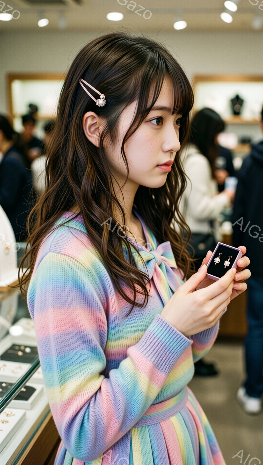若い女性が、虹色にグラデーションのかかったニットセーターを着て、イヤリングが入った小さな箱を手に持っています。彼女は黒髪で、前髪をピンで留めており、少し横を向いて物思いにふけるような表情をしています。背景にはジュエリーケースが並び、店内の明るい照明が映り込み、洗練された雰囲気が漂っています。