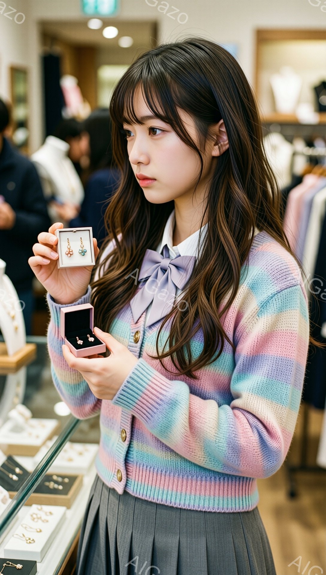 若い女性が、カラフルなパステルカラーのカーディガンとグレーのプリーツスカートを身につけ、アクセサリーショップでイヤリングを選んでいます。彼女は長い茶色の髪を肩まで下ろし、少し微笑みながらイヤリングの入った箱を手に持っています。背景には、ジュエリーが並んだショーケースと、ぼんやりと人影が見え、明るく洗練された雰囲気が漂っています。