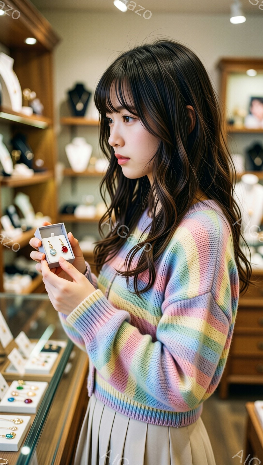 明るい色のストライプのセーターとベージュのスカートを着用した若い女性が、宝石店のショーケースの前で小さな箱を見つめています。彼女は長い黒髪で、少し内気な表情を浮かべています。背景には、さまざまな宝石が展示されたショーケースが並び、上品で落ち着いた雰囲気が漂っています。