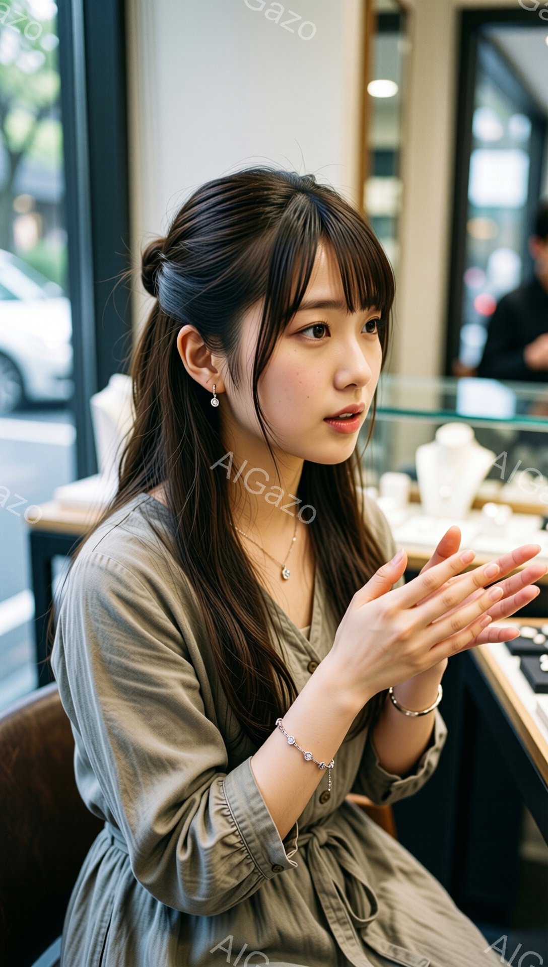 画像に写っている女性は、明るい茶色の長袖のブラウスを着ており、髪は肩まで伸びていて、前髪が少しだけ顔にかかっています。彼女は両手を前に広げ、何かを説明しているかのように身振り手振りしています。背景には、ショーケースが置かれた店内の様子と、窓の外には建物が見え、全体的に明るく穏やかな雰囲気です。