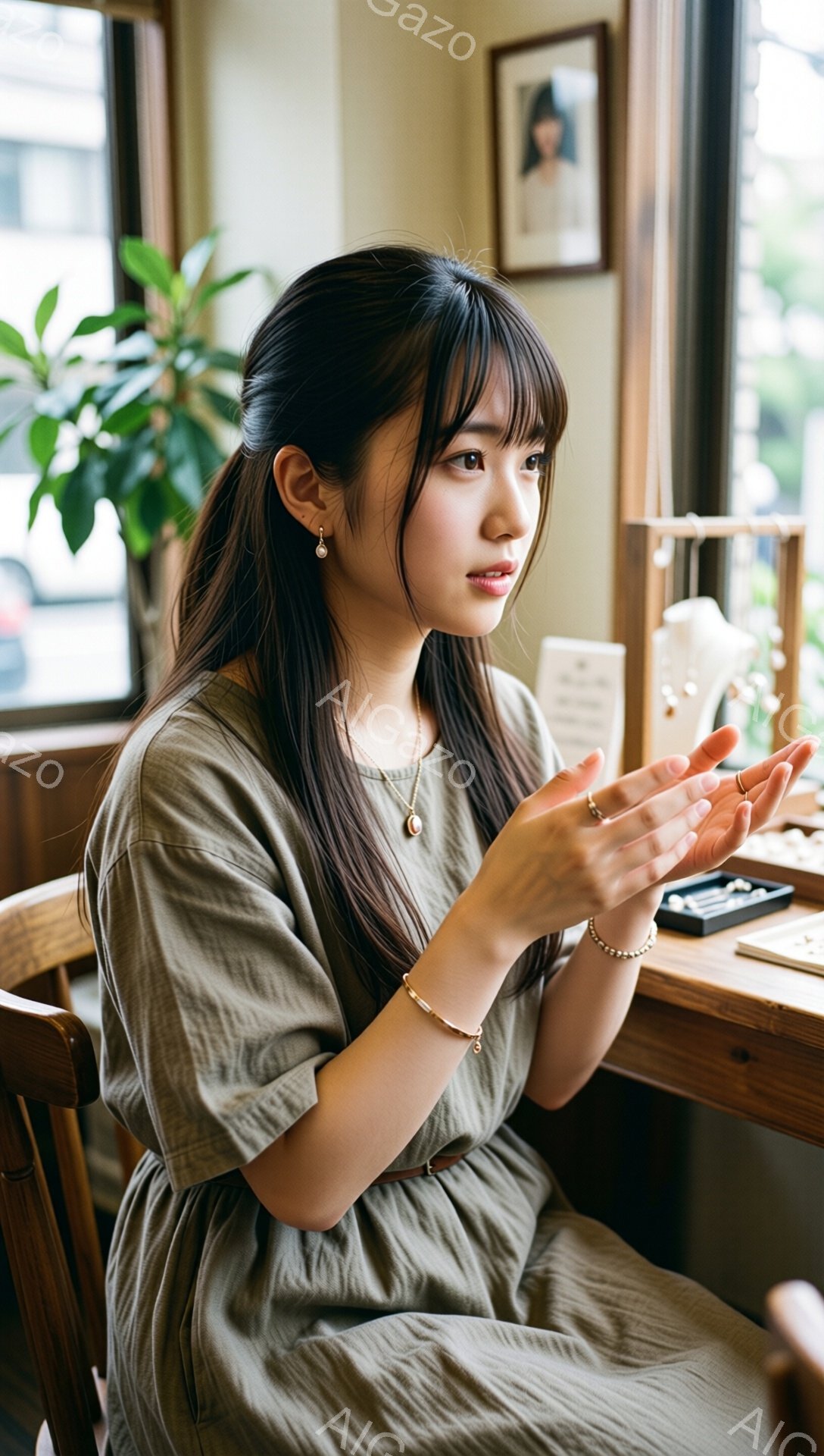 長い黒髪を肩でまとめており、明るい色のアイシャドウと控えめな口紅で上品な印象を与えています。オリーブ色のゆったりとしたワンピースを着ており、手首には金色のブレスレット、指には複数のリングが光っています。室内は木製の家具と観葉植物があり、背景にはぼやけた街並みが見え、落ち着いた雰囲気です。