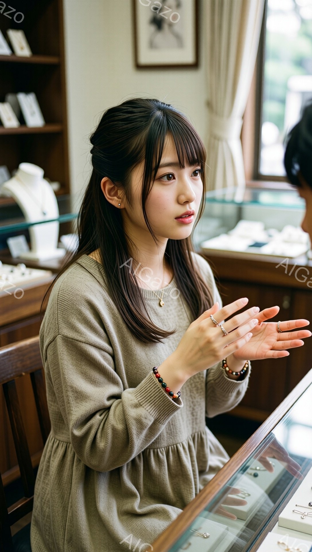画像には、ベージュ色のゆったりとしたセーターを着た若い女性が写っています。彼女は両手を広げて何かを説明しているようなジェスチャーをしており、口元は少し微笑んでいます。背景にはジュエリーが並んだショーケースと、木製の棚が見え、店内のような落ち着いた雰囲気です。