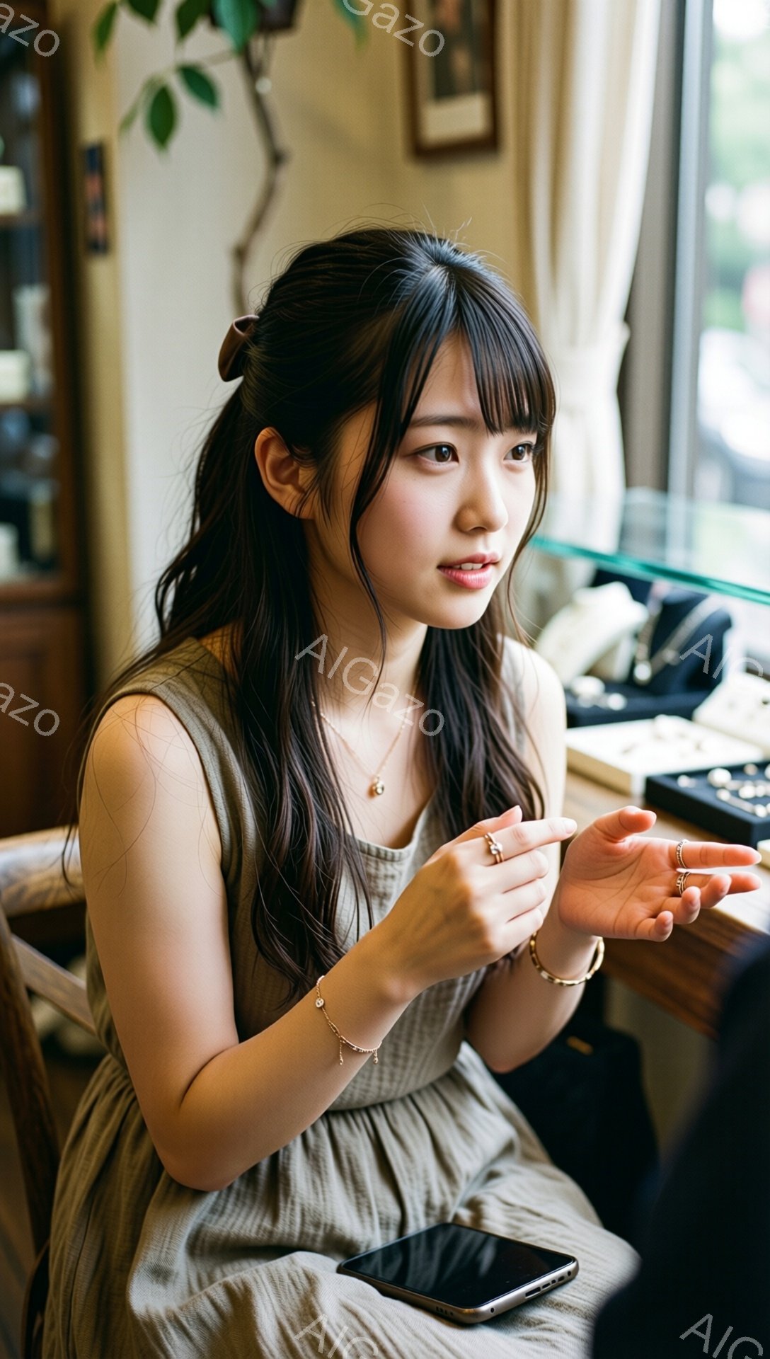 長い黒髪を少し無造作にまとめた若い女性が写っている。ベージュ色のワンピースを着ており、首には繊細なネックレス、手首にはブレスレットや指にはリングがいくつか光っている。彼女は何かを説明している様子で、手を広げてジェスチャーを交えながら、穏やかで真剣な表情で前方に視線を向けている。