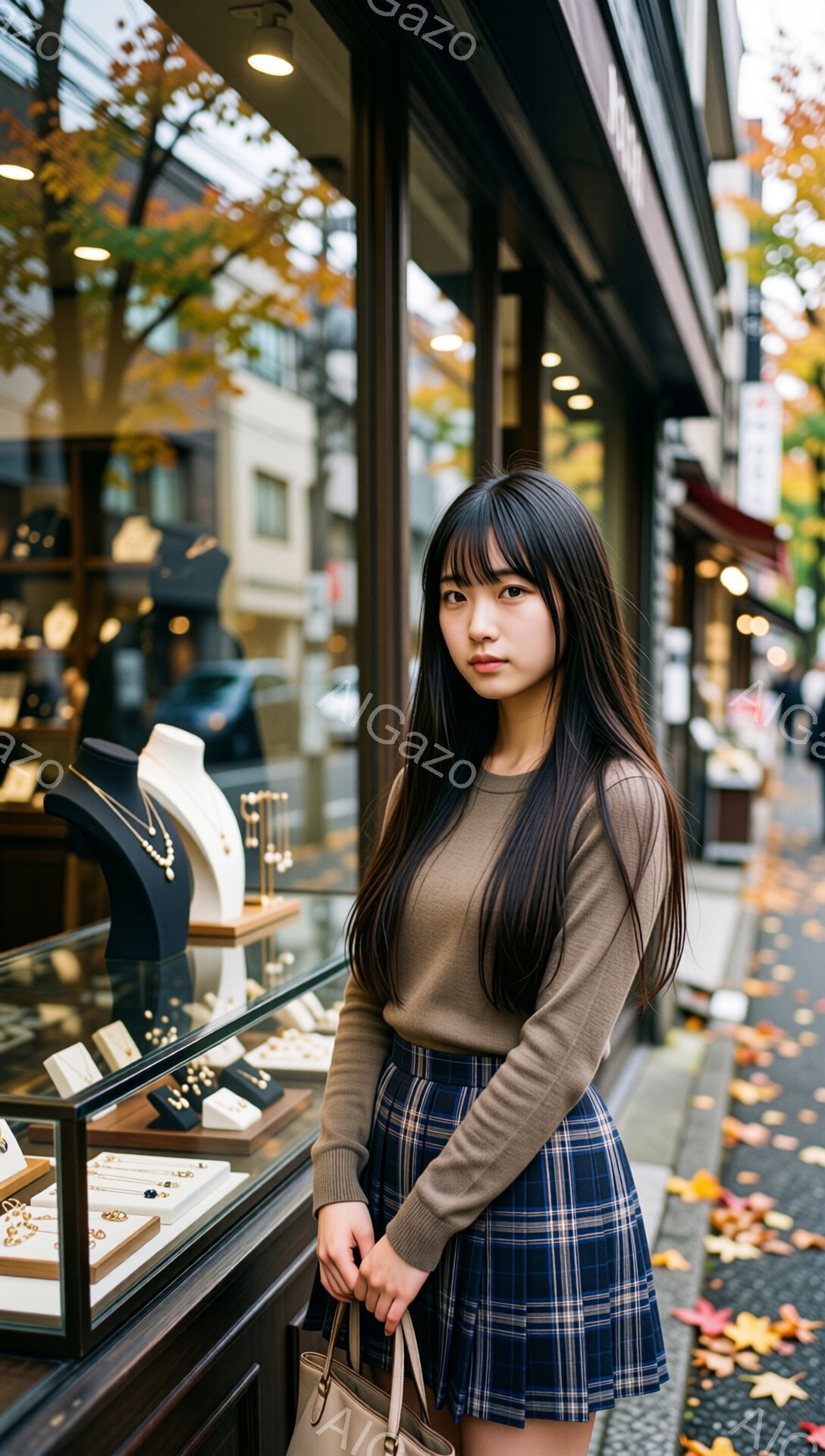 長い黒髪の女性が、ベージュのセーターと青いチェック柄のスカートを着て、ショーウィンドウの前に立っています。彼女は少し微笑んでおり、左手にベージュのハンドバッグを持っています。背景には、紅葉した木々と石畳の道、そして商店街の建物が見え、秋の穏やかな雰囲気が漂っています。