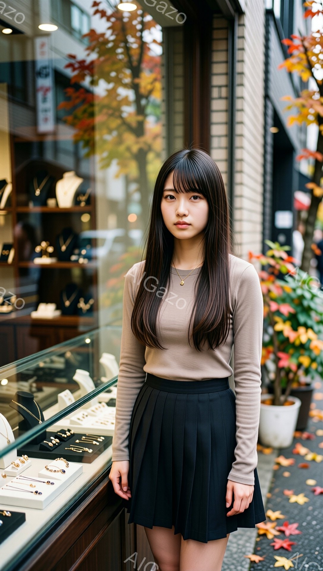 若い女性がショーウィンドウの前に立っている。ベージュの長袖シャツと黒いプリーツスカートを着用し、首には細い金のネックレスが光っている。背景には石畳の道、落ち葉、そして宝石店のショーウィンドウが見え、秋の落ち着いた雰囲気が漂っている。