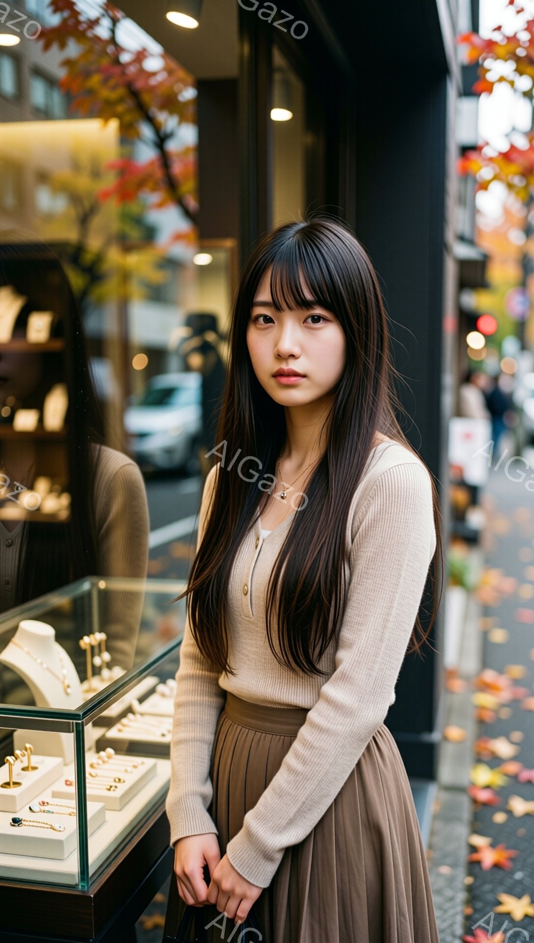 長い黒髪を肩まで伸ばした若い女性が、ベージュ色のリブニットと茶色のフレアスカートを身につけて立っている。彼女は少し微笑んでおり、落ち着いた雰囲気である。背景には宝石店のショーケースと、紅葉した木々と落ち葉が見え、秋の穏やかな街並みが広がっている。