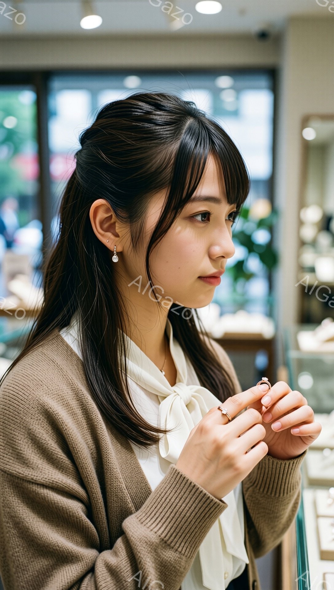 茶髪の女性が、指に指輪をはめて確認しています。ベージュのカーディガンに白いブラウス姿で、髪は肩にかかる長さでストレート、前髪は眉毛にかかるようにカットされています。背景には、ショーウィンドウや植物が見え、明るく上品な雰囲気の店内で撮影されたようです。