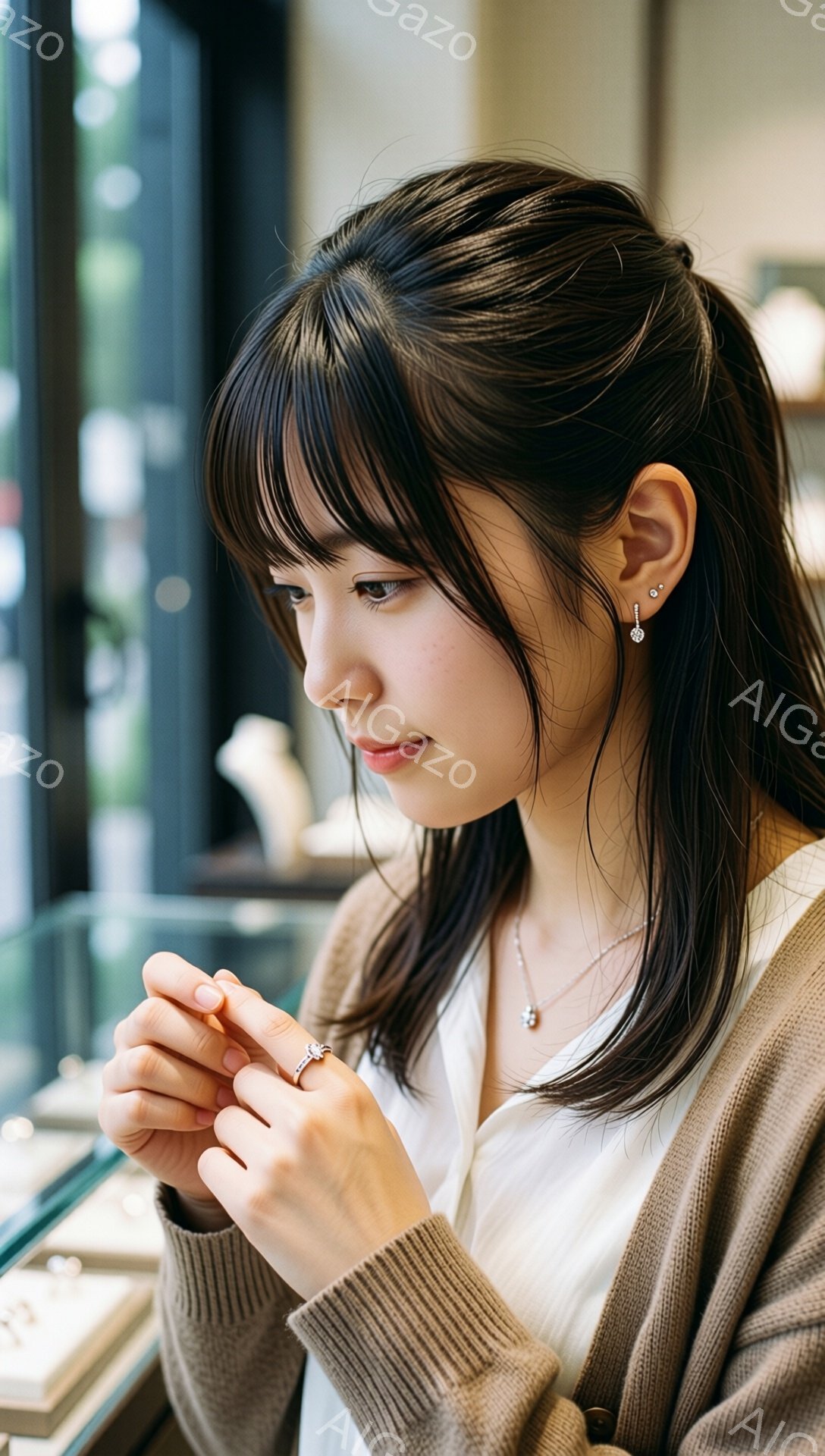 画像は、茶色のカーディガンと白いシャツを着た若い女性が、指輪を手に取り見つめている様子を捉えています。彼女は黒髪で、前髪が目にかかるヘアスタイルで、落ち着いた表情で何かを考えているようです。背景にはジュエリーケースが見え、店内でジュエリーを選んでいる様子が伺えます。