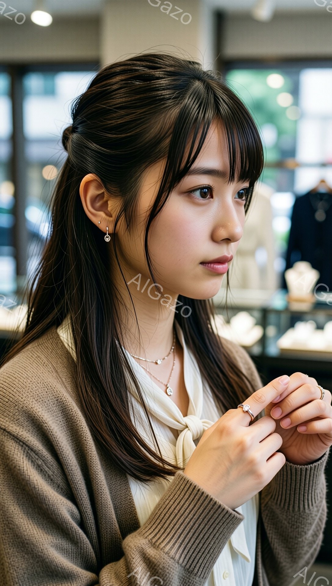 黒髪の女性が茶色のカーディガンと白のブラウスを着ており、左手に指輪をはめて眺めています。彼女はやや微笑んでおり、髪は前髪を下ろしたハーフアップスタイルです。背景は、ショーケースが見える店舗内部で、明るく上品な雰囲気です。