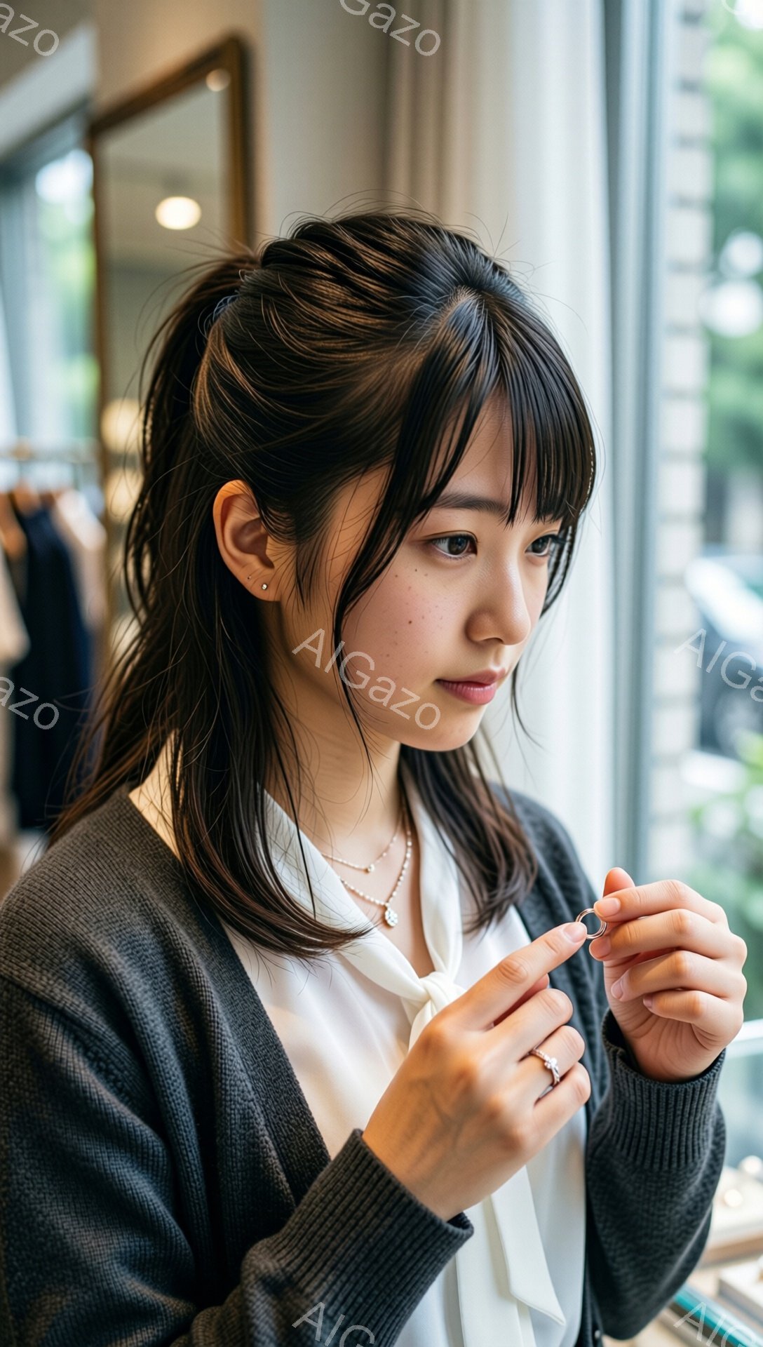 画像には、窓辺で小さなリングを手に持っている若い女性が写っています。彼女はグレーのカーディガンと白いブラウスを着ており、髪は肩までの長さで、前髪が少し流れています。彼女の表情は穏やかで、何かをじっくりと見ているようです。