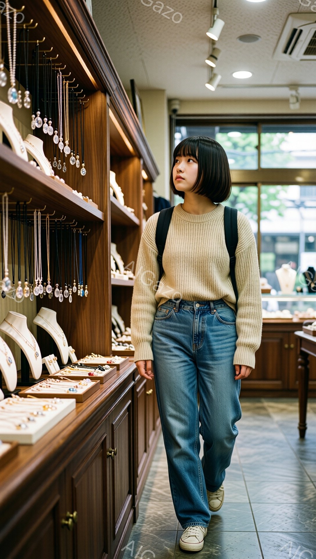画像には、ベージュ色のセーターとブルーのデニムパンツを着用した若い女性が写っています。彼女は黒髪のショートボブで、少し上を見上げて何かを考えているような表情をしています。背景は宝石店のようで、ショーケースには様々なアクセサリーが並び、落ち着いた雰囲気が漂っています。