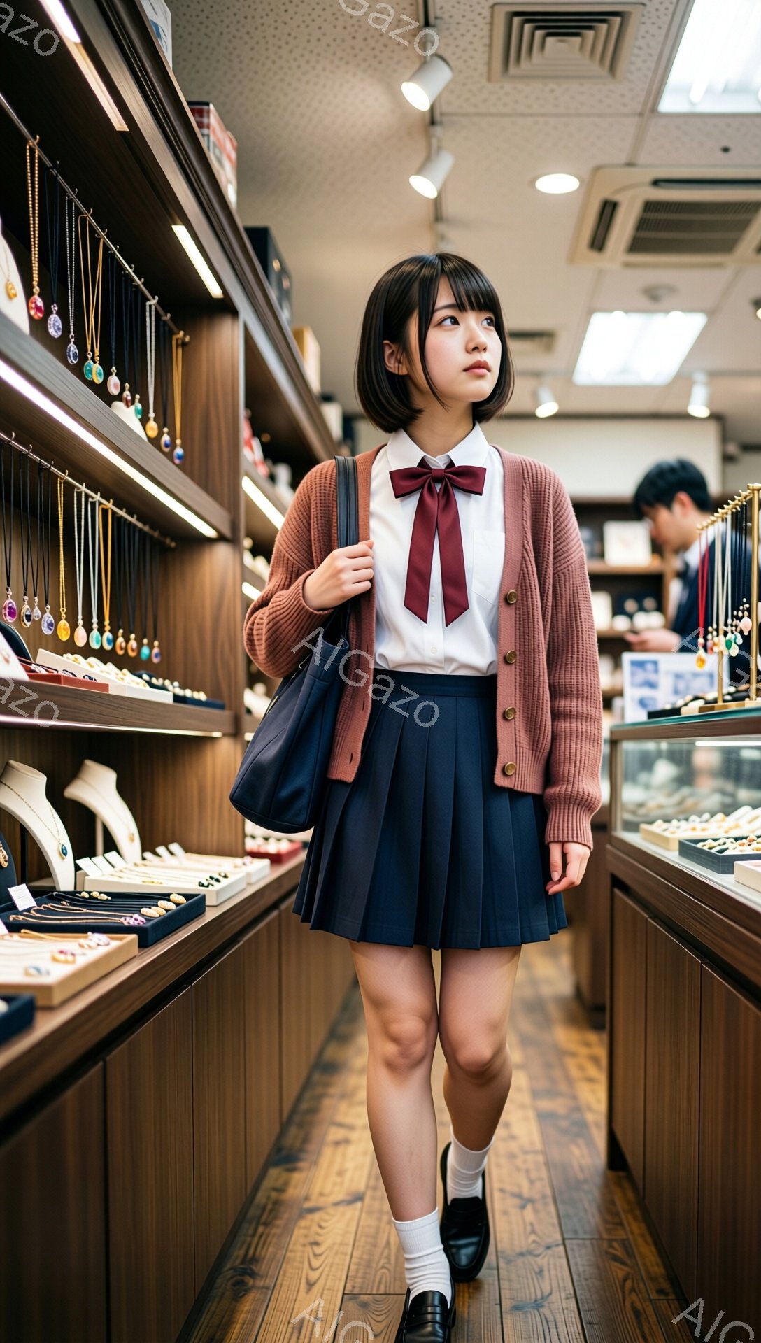 茶色のカーディガンに白いシャツ、紺色のプリーツスカートを履いた若い女性が店内で歩いています。彼女は肩に黒いハンドバッグをかけ、白いソックスと黒い靴を履き、前髪を下ろしたショートヘアです。背景にはジュエリーが並んだショーケースがあり、店内は明るく、活気のある雰囲気です。